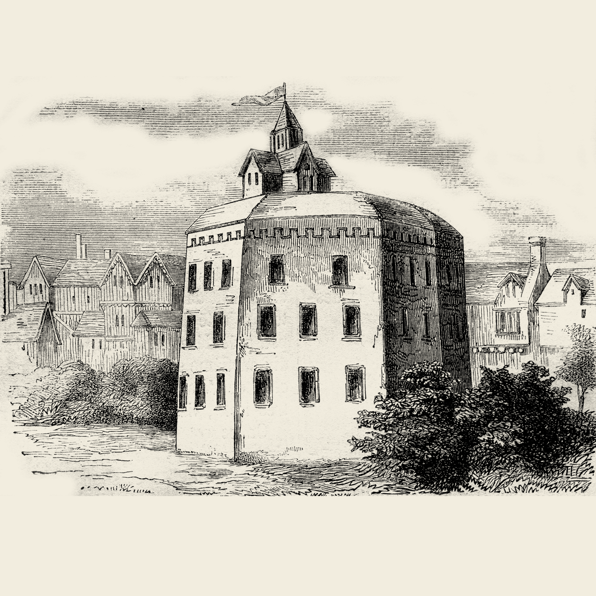 An engraving of The Globe theatre on the South Bank of the river Thames in London. The theatre as trees to the side of it and Elizabethan housing is viable in the background with clouds in the sky.