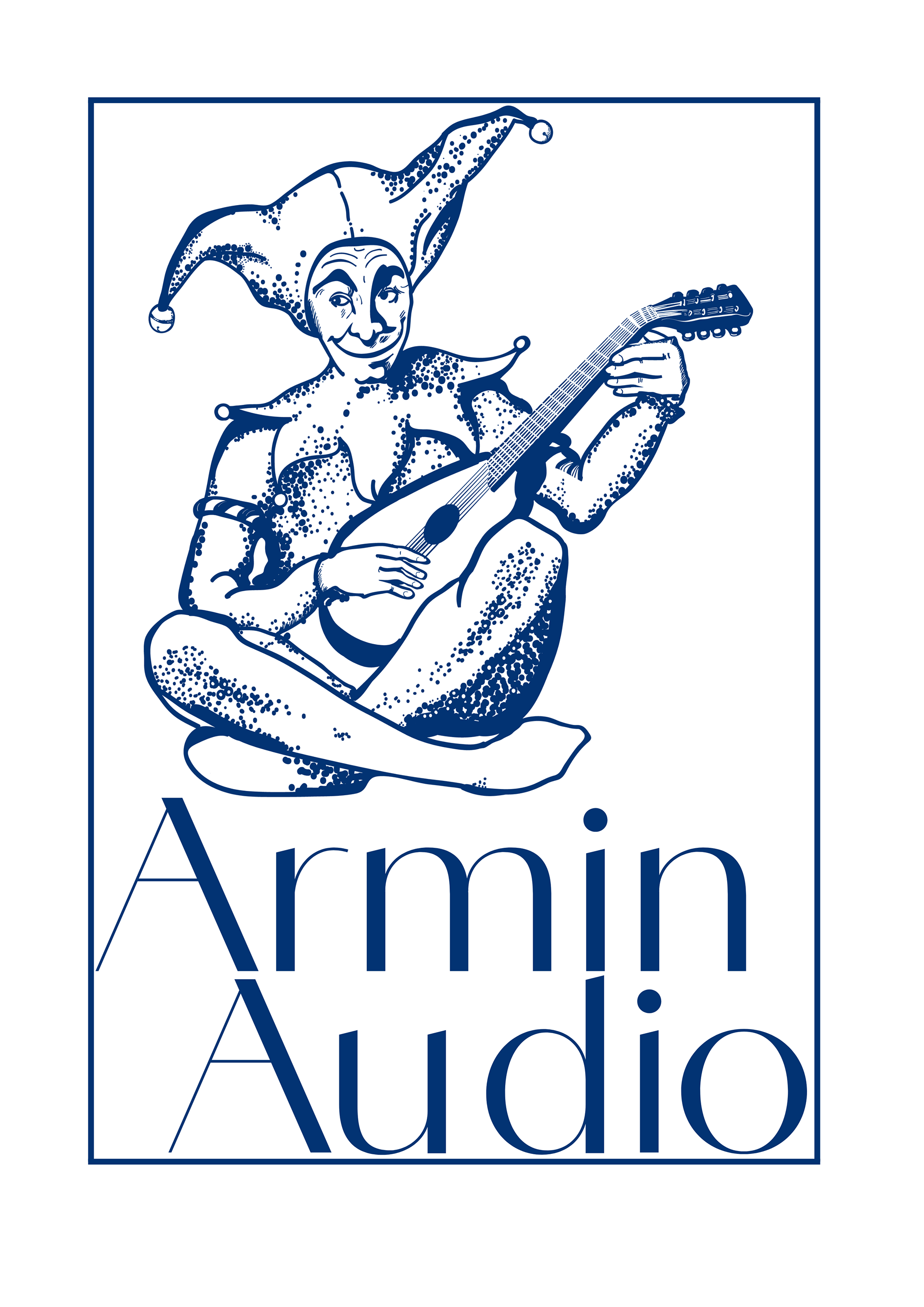Image of a court jester or fool sat crossed legged playing a wooden lute with the words Armin Audio underneath the image