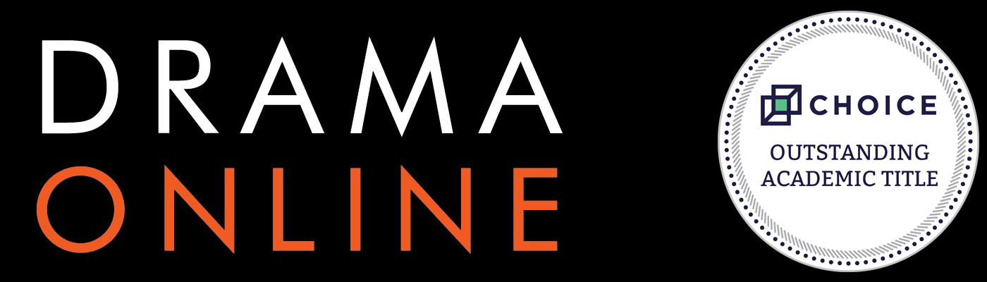 on a black rectangle background the word drama is written in white capital letters and the word online is written on orange capital letters underneath the word drama. to the left is a white circle with the words choice outstanding academic title in the white circle