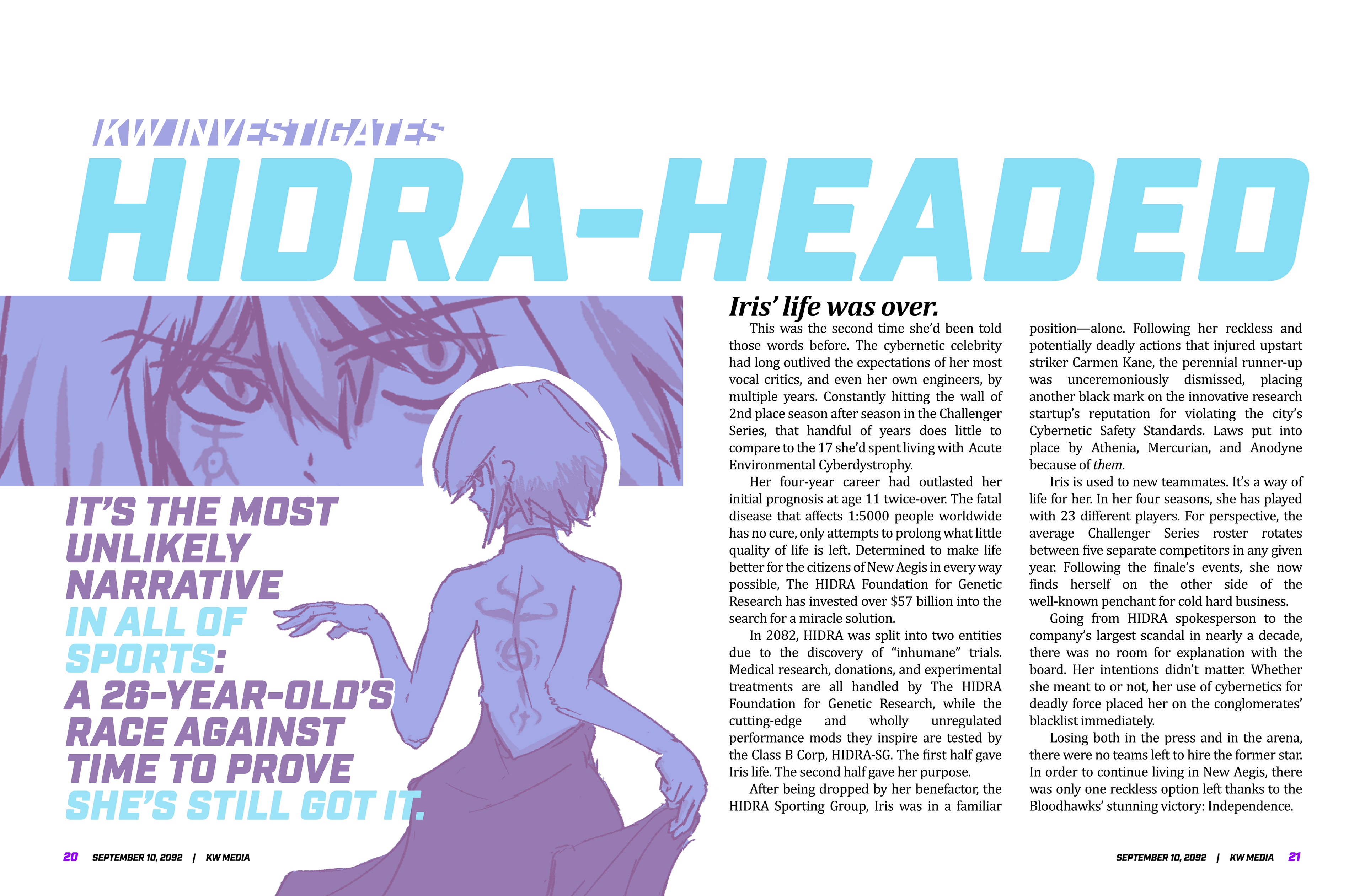 Magazine layout, design, and writing for personal project at Hybrid Fiction. Art by Aaron Thomas and @supsross on X