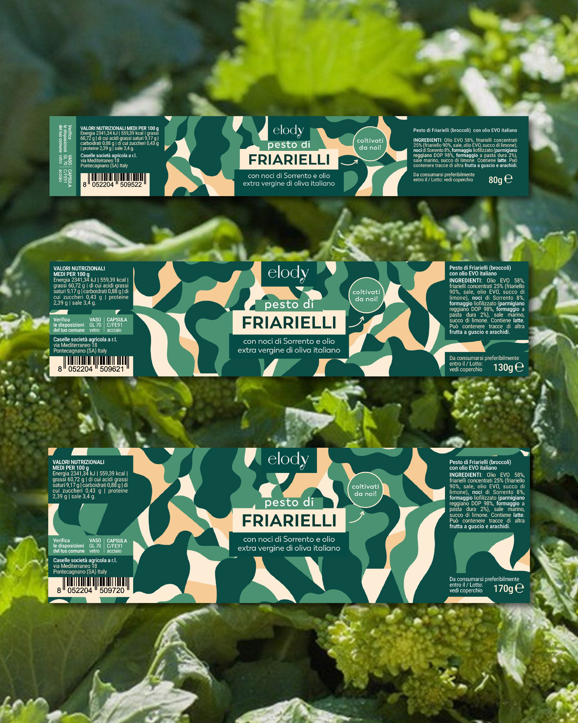 Packaging illustrato realizzato da Helga Aversa illustratrice e designer per Elody pesto basilico e friarielli