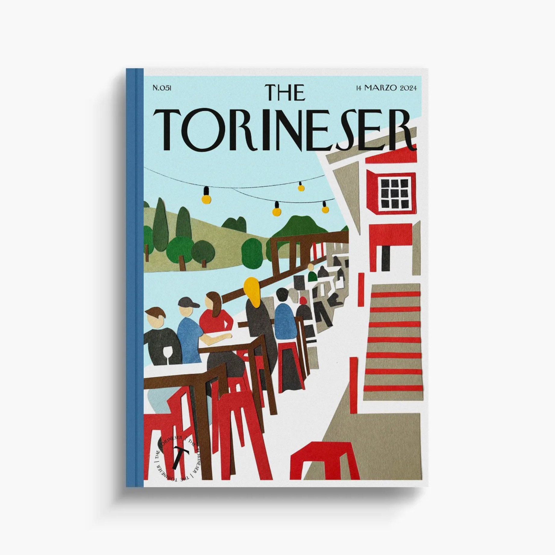 Cover illustration by Helga Aversa for The Torineser, inspired by summer nights along the Po River in Turin and the riverside spot L’Imbarchino