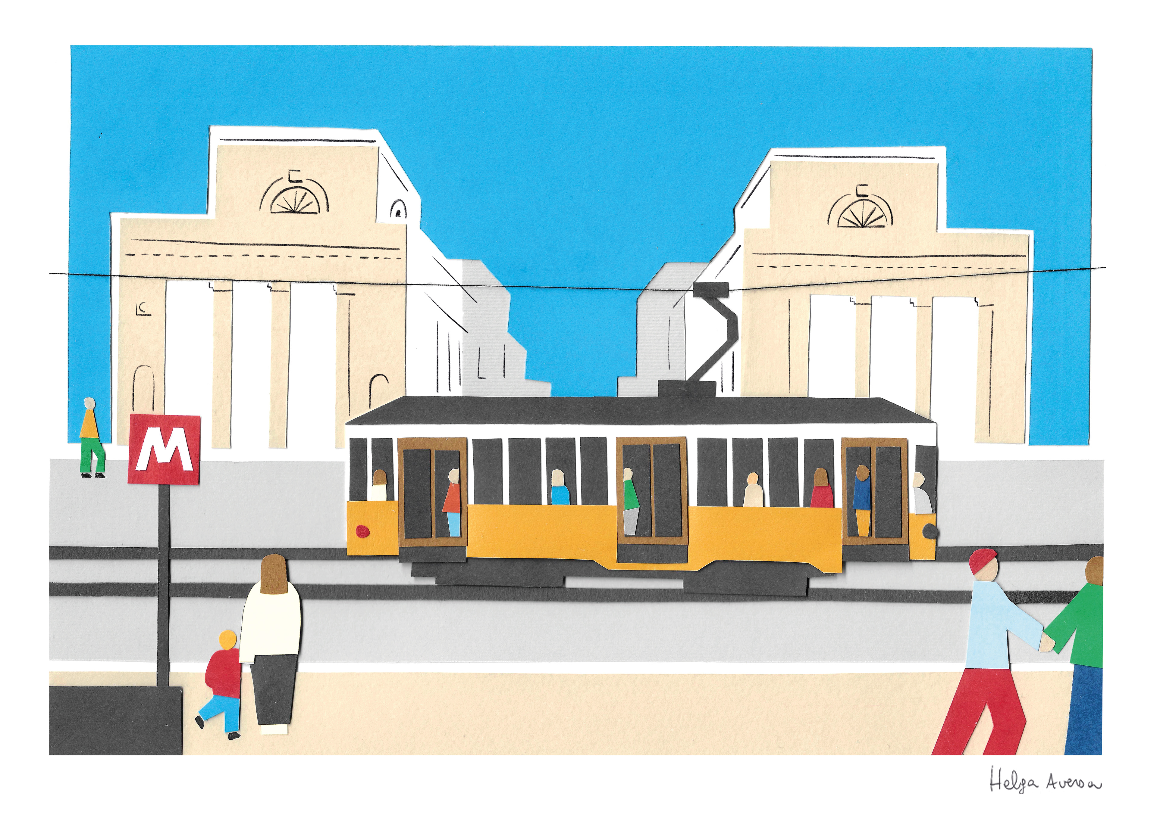 Illustrazione collage di Helga Aversa che rappresenta i luoghi iconici di Porta Venezia per Bioderma Sun Hub, Milano Design Week