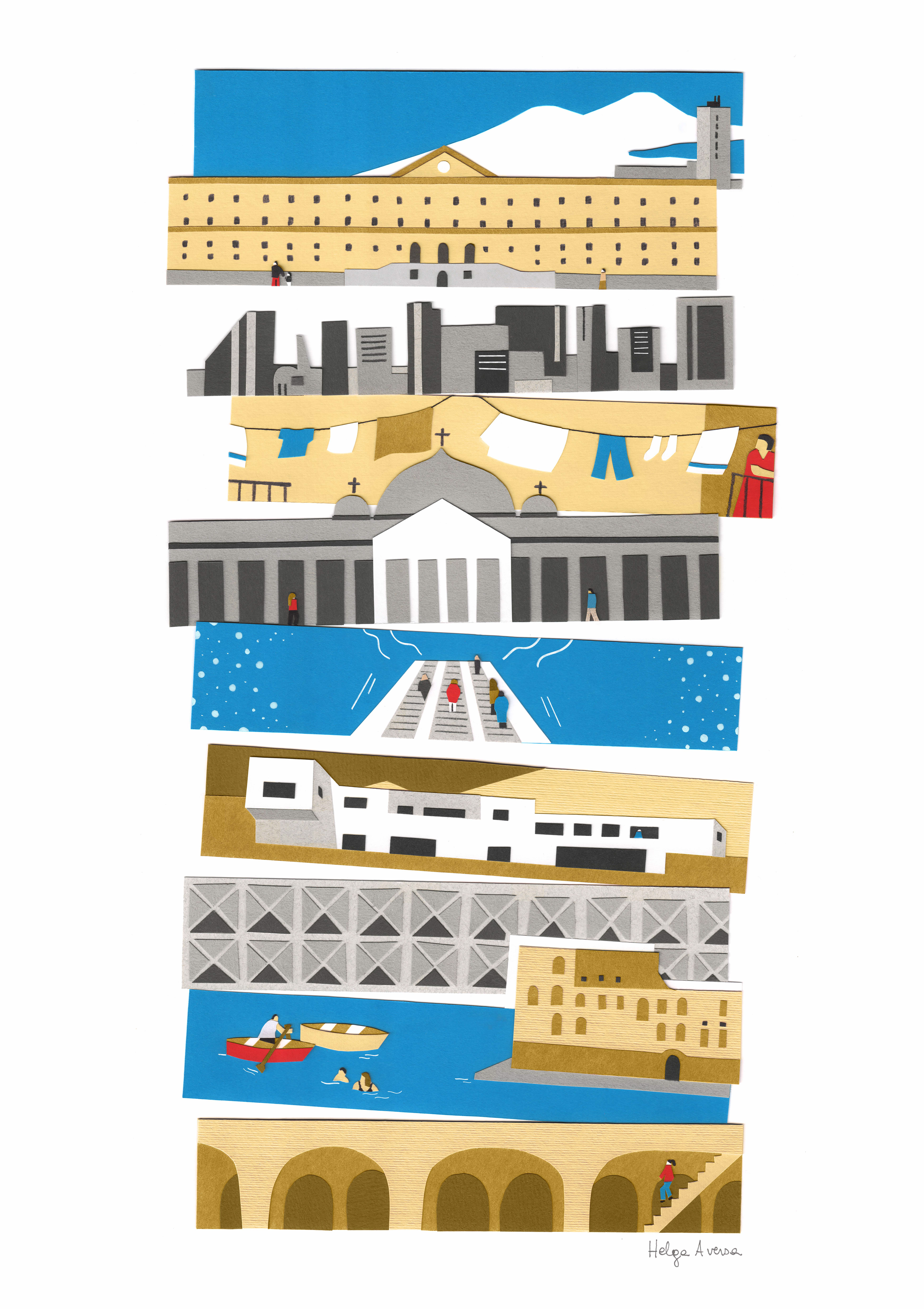 llustrazione collage Strati di Napoli di Helga Aversa per Open House Napoli 2024, rappresentazione stratificata della città dalle strade sotterranee al mare, progetto di illustrazione editoriale e comunicazione visiva.