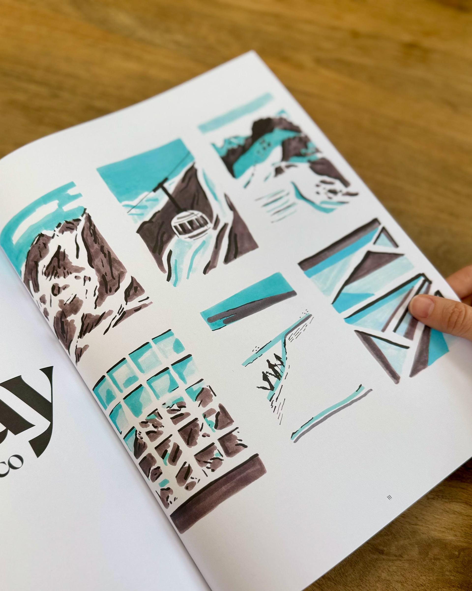 Illustrazione editoriale MNT Journal Issue 2 featuring illustrated reportage by Helga Aversa, ‘Towards the Sky’, documenting a journey from Courmayeur to Chamonix