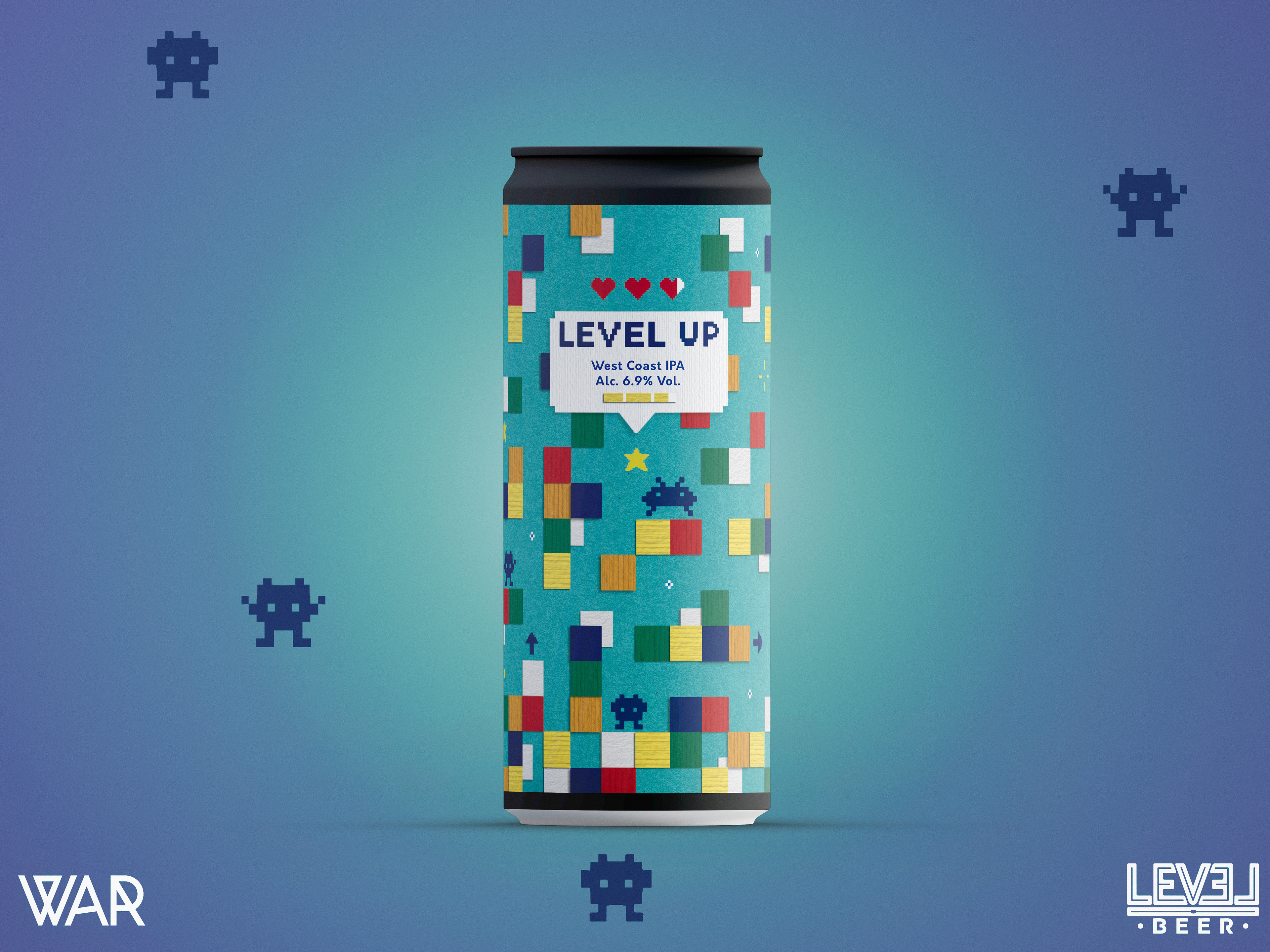 Level Up beer packaging mockup by Helga Aversa, showing final illustration applied on the can with colored background