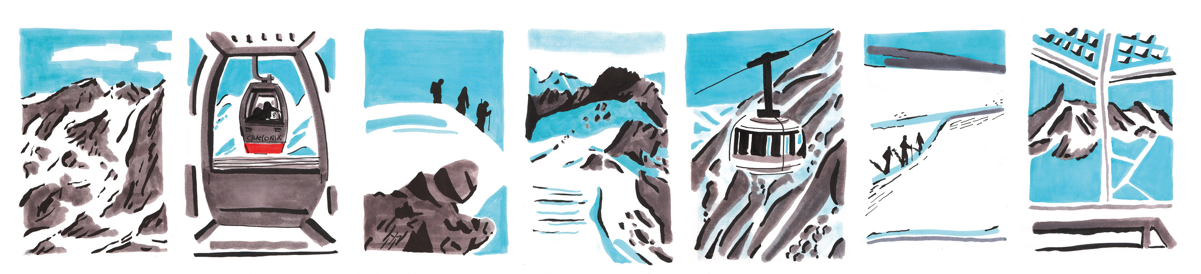 Live reportage illustration by Helga Aversa created on site for MT Journal, documenting the journey from Courmayeur to Chamonix towards Dente del Gigante