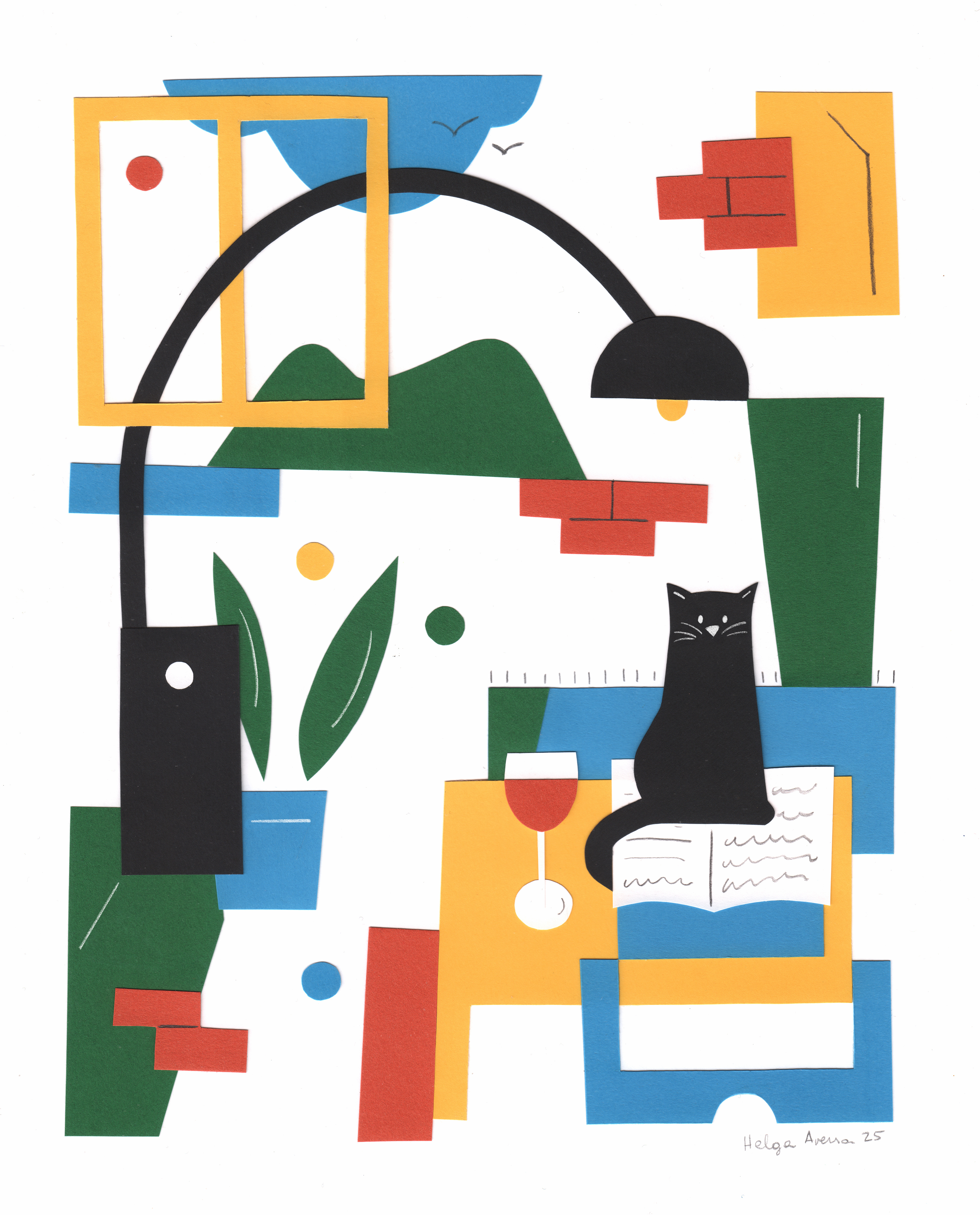 Collage illustration by Helga Aversa for ‘CATS’ group exhibition at Milan Icons, depicting a cat quietly taking over everyday space