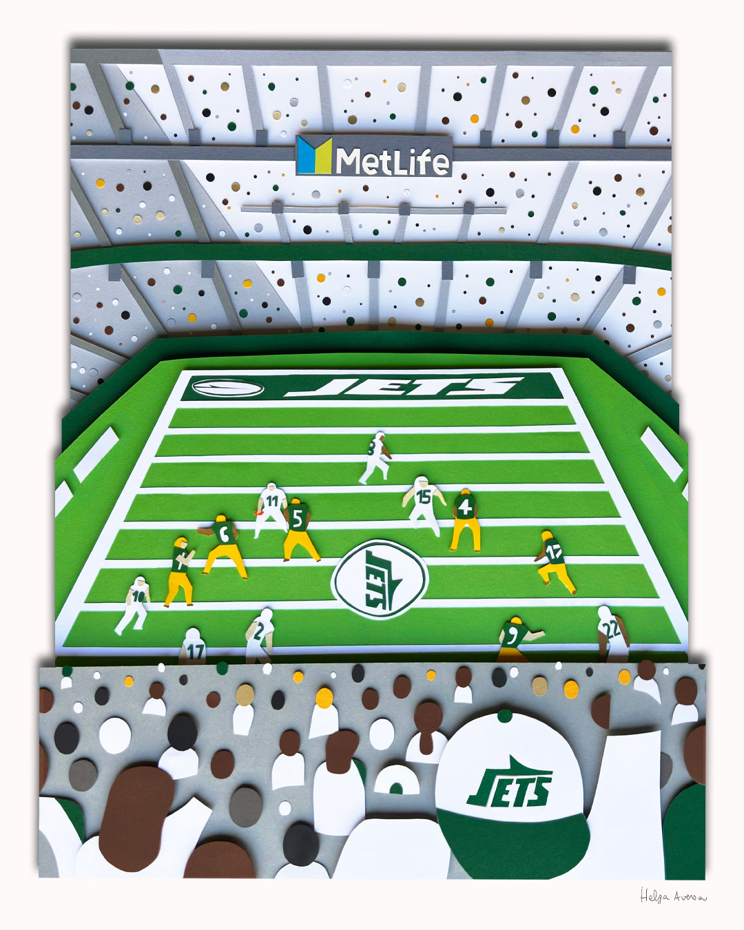 Hand-cut paper collage of MetLife Stadium for the New York Jets White Out game, layered papercut illustration in white and Jets green