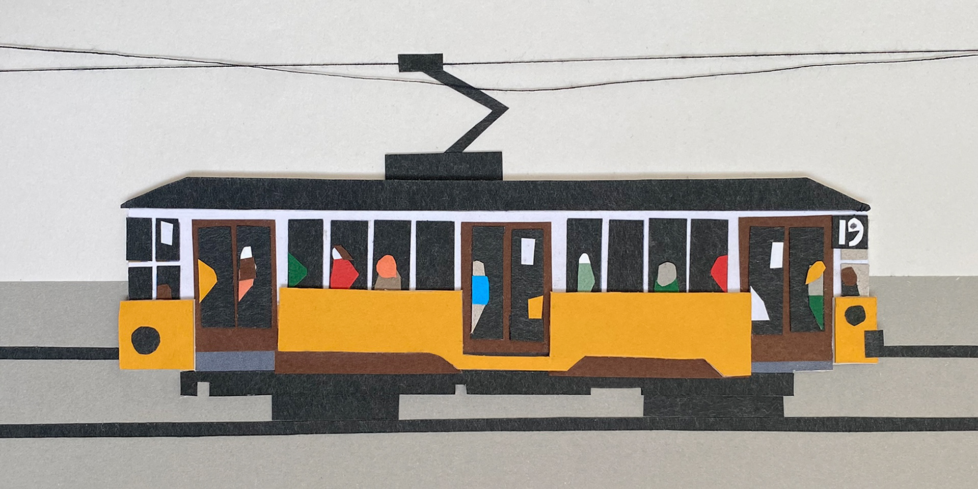 Handmade collage illustration by Helga Aversa dedicated to Milan tram line 19, sold at Christie’s charity auction in support of AIL Milano