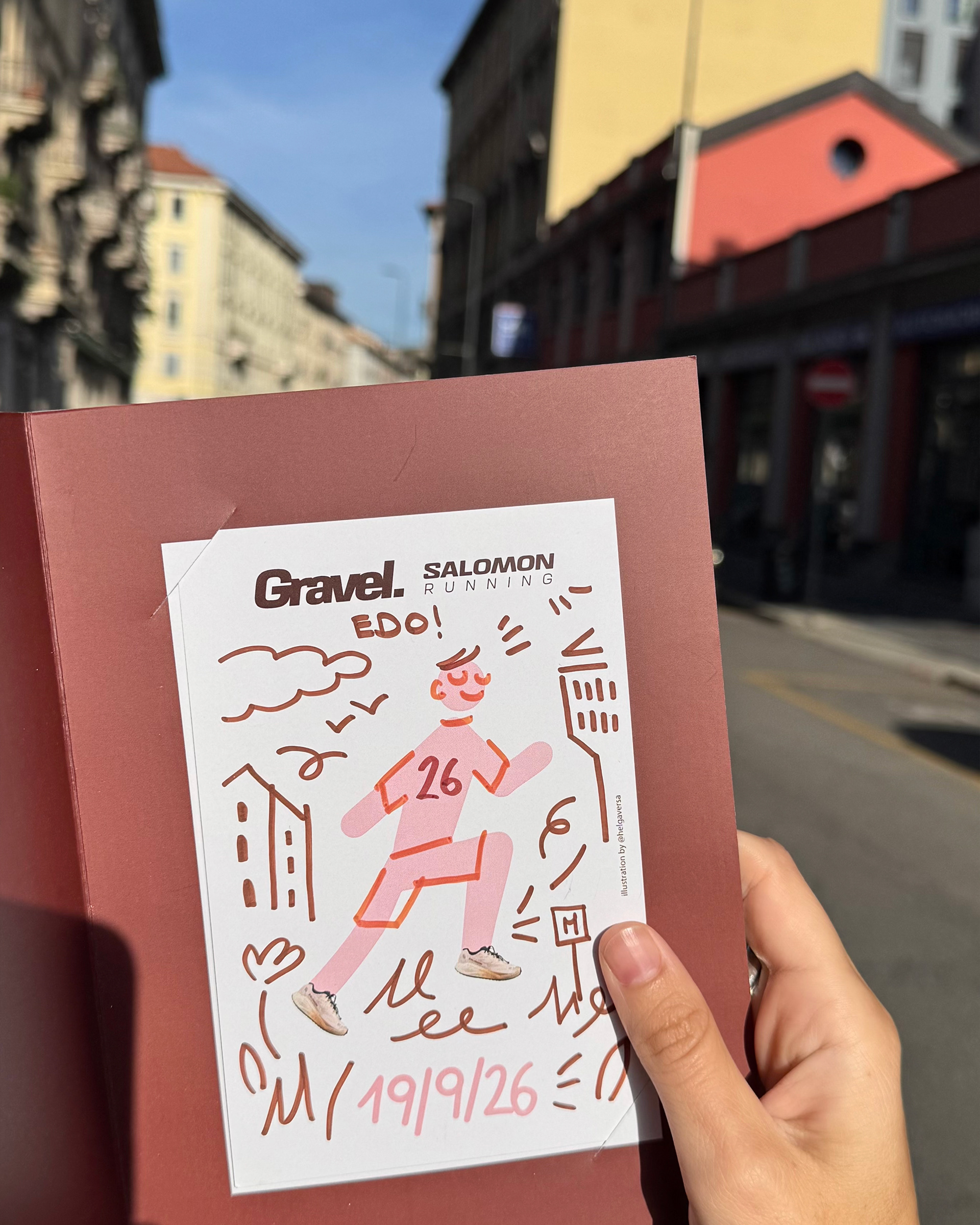 Hand-drawn runner postcard for Salomon Running Milano, pink silhouette with brown marker illustration and Milan elements