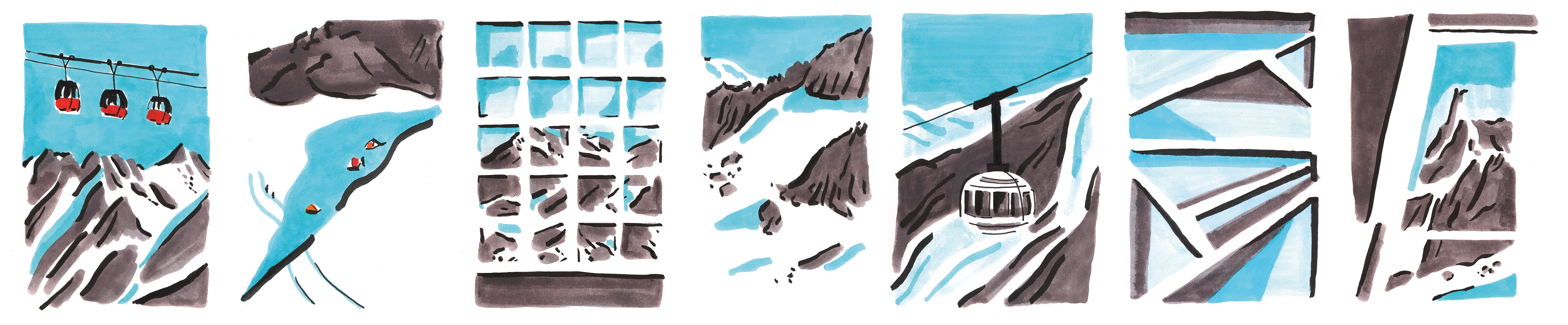 Reportage illustration by Helga Aversa for MT Journal, capturing the Skyway Monte Bianco experience during the journey towards Dente del Gigante
