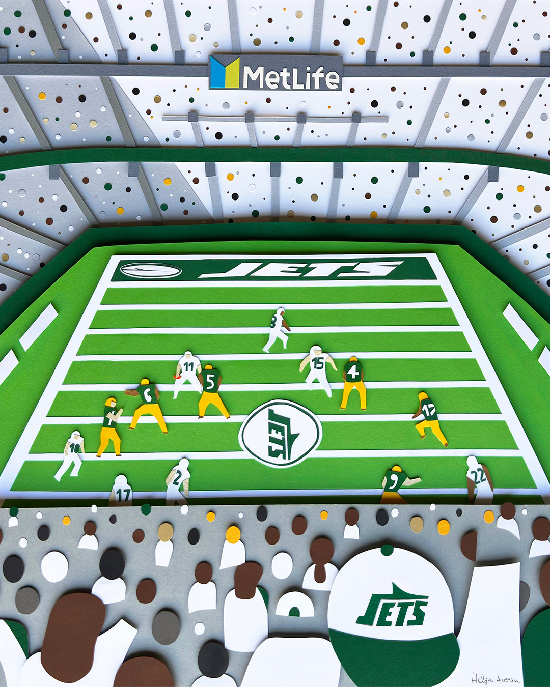 New York Jets White Out gameday poster, hand-cut paper collage illustration by Helga Aversa