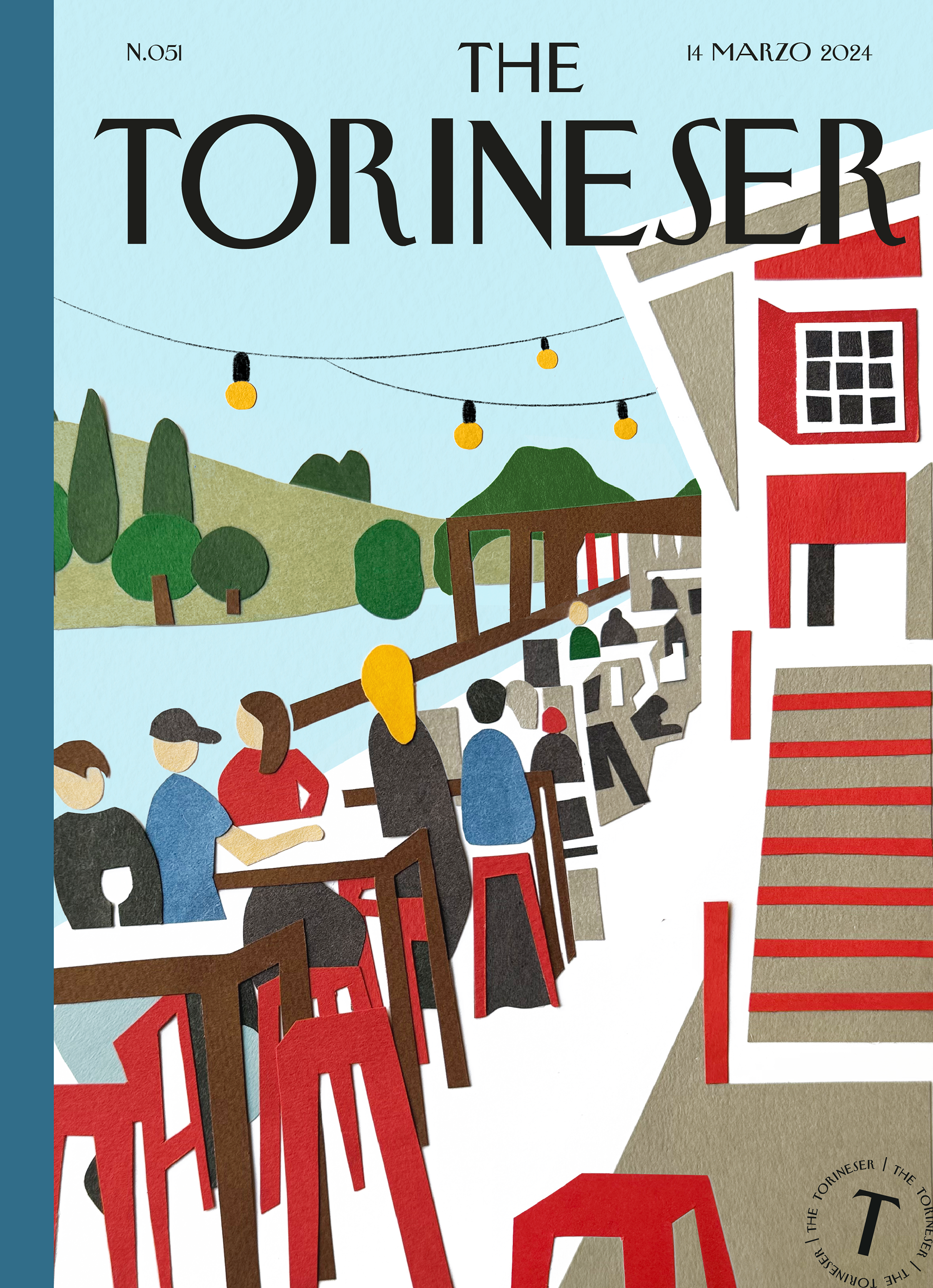 Cover illustration by Helga Aversa for The Torineser, inspired by summer nights along the Po River in Turin and the riverside spot L’Imbarchino