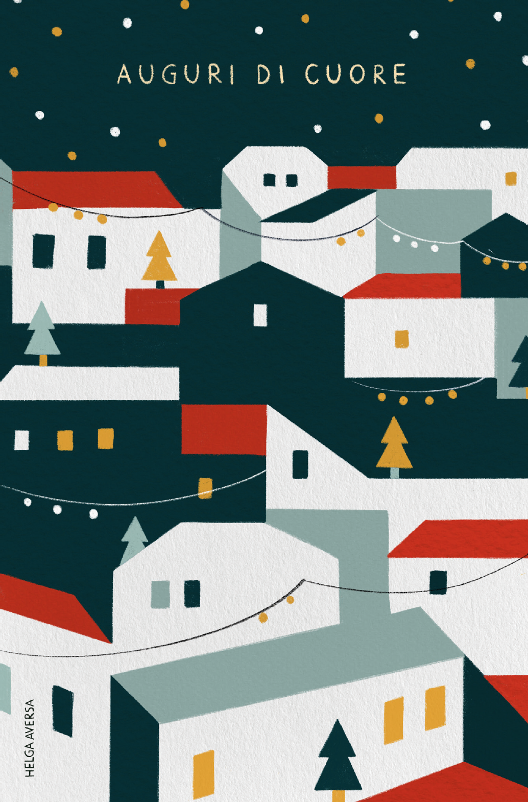 Cartolina illustrata da Helga Aversa illustrazione natalizia Ail Milano auguri illustrazione casette di natale