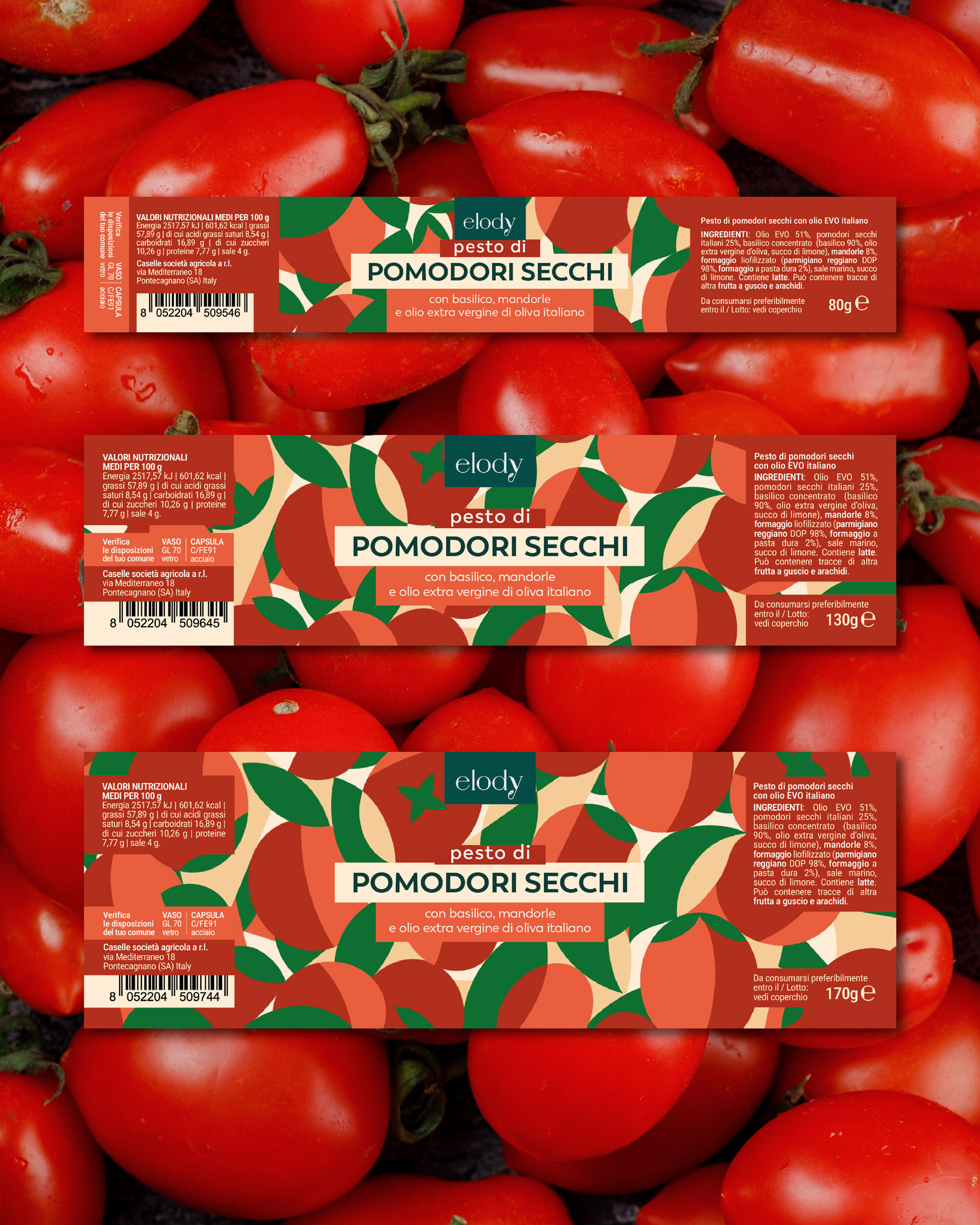 Packaging illustrato realizzato da Helga Aversa illustratrice e designer per Elody pesto basilico e pomodori secchi