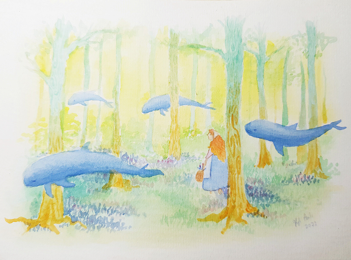 A wanderer walking the path of irrawaddy dolphins, picking flowers along the way. Watercolor. January 2022.