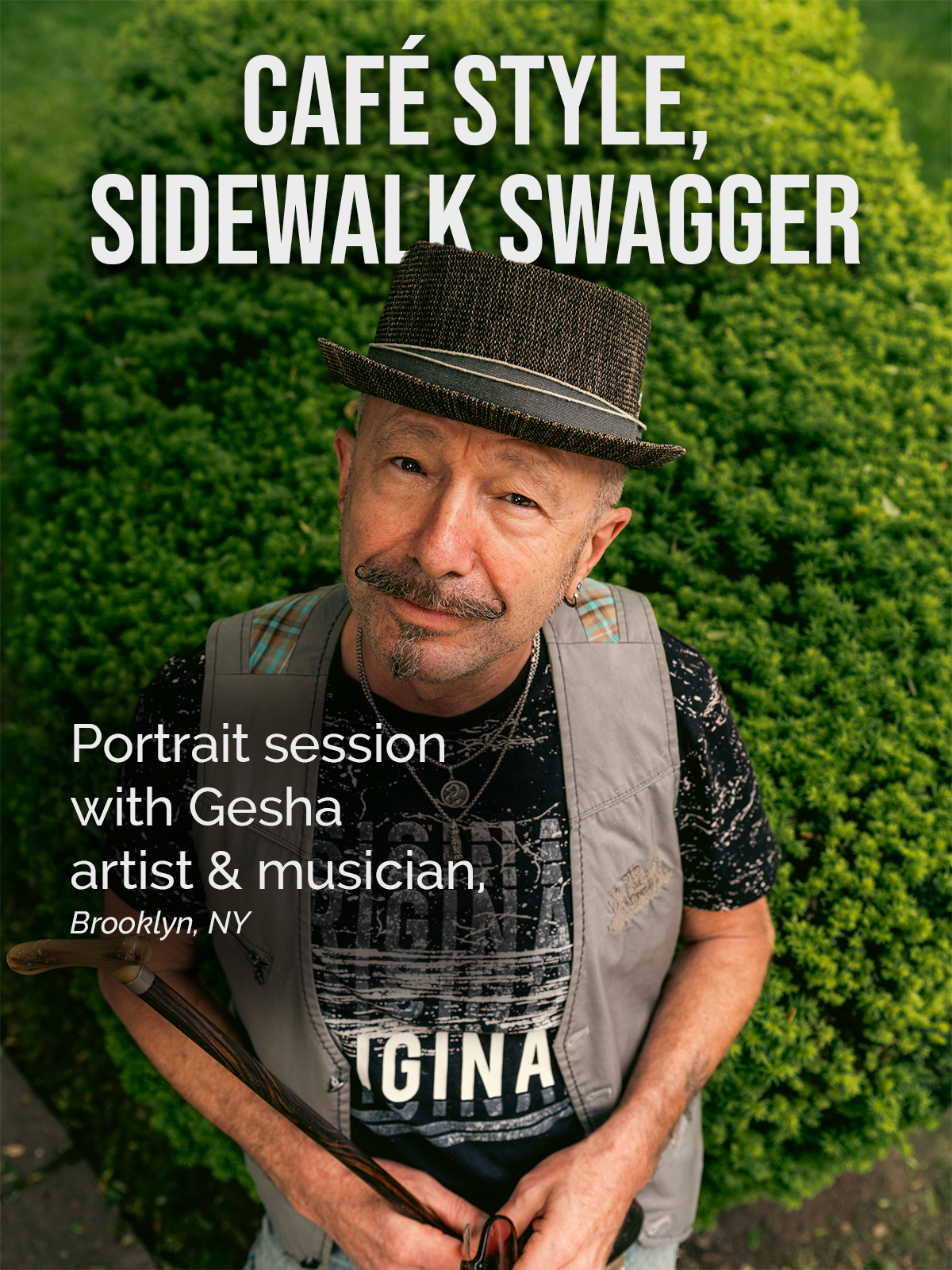 Portrait of Gesha, a Brooklyn artist and musician, styled with vintage flair against greenery — café culture meets street swagger.