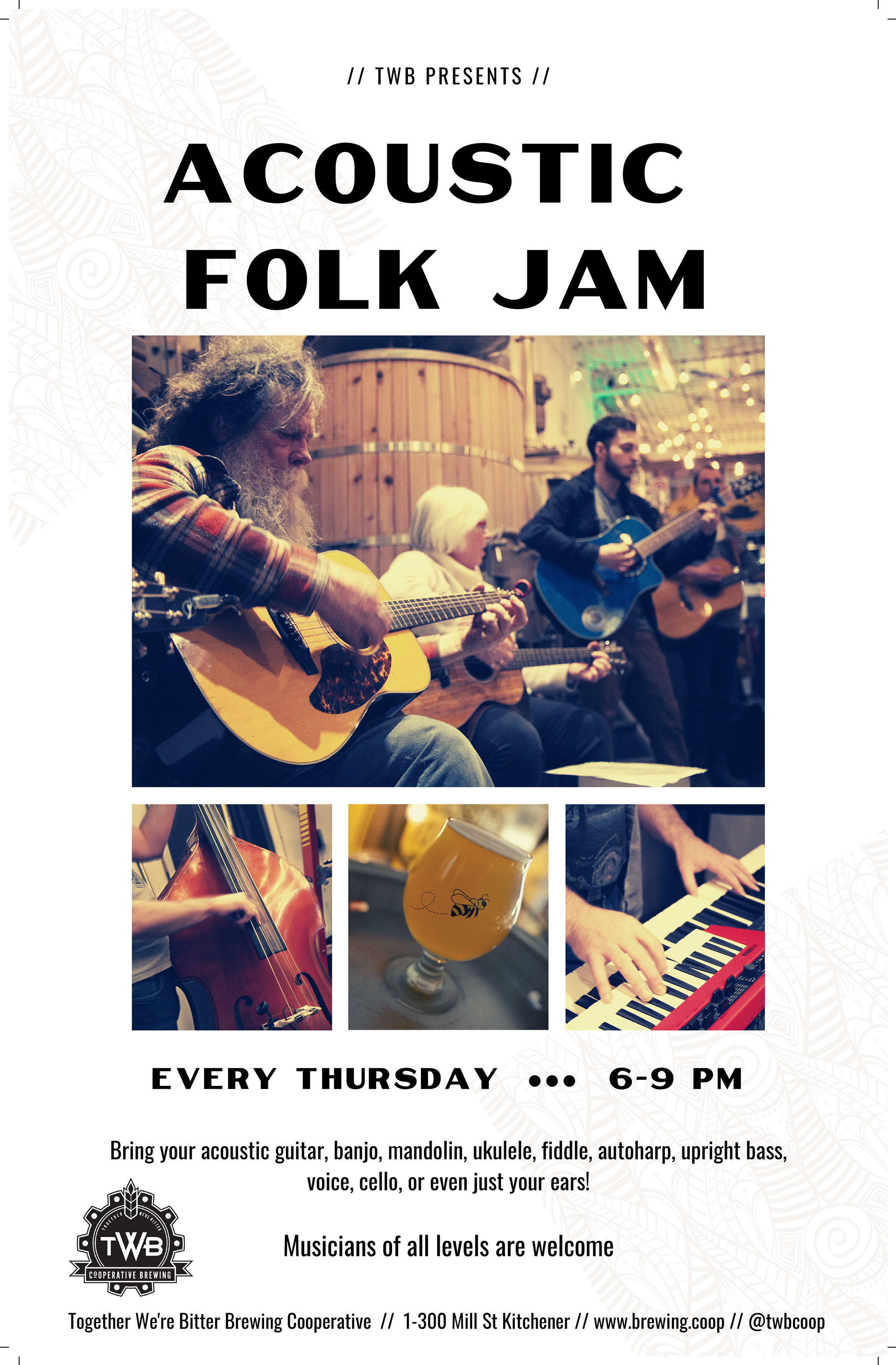 Event poster design and photography for Acoustic Folk Jam event at Together We're Bitter Co-operative Brewing. February 2020.