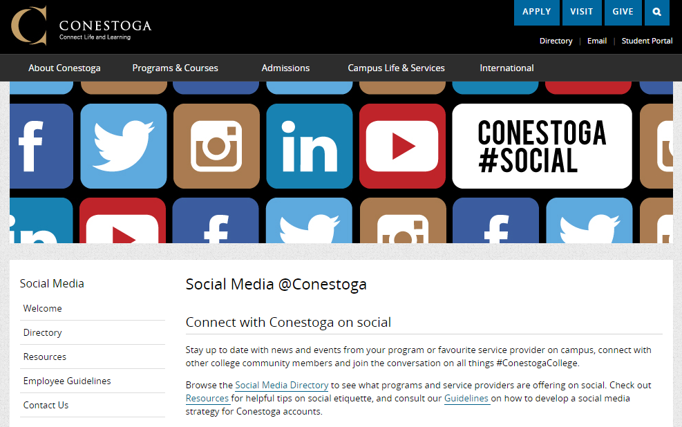Proposed, designed and implemented a social media directory for Conestoga College in Kitchener, Ontario. www.conestogac.on.ca/socialmedia/