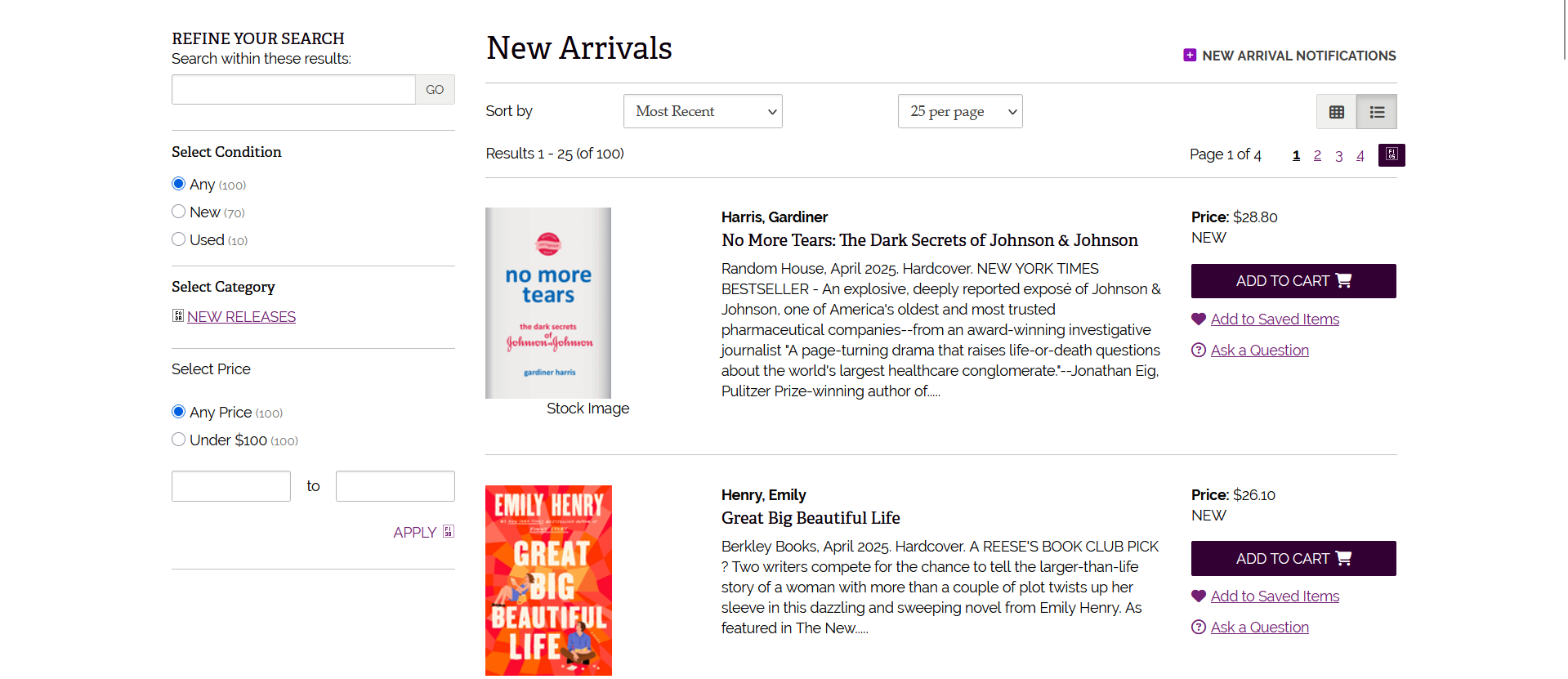 Current website's "New Arrivals" Page (April 2025)