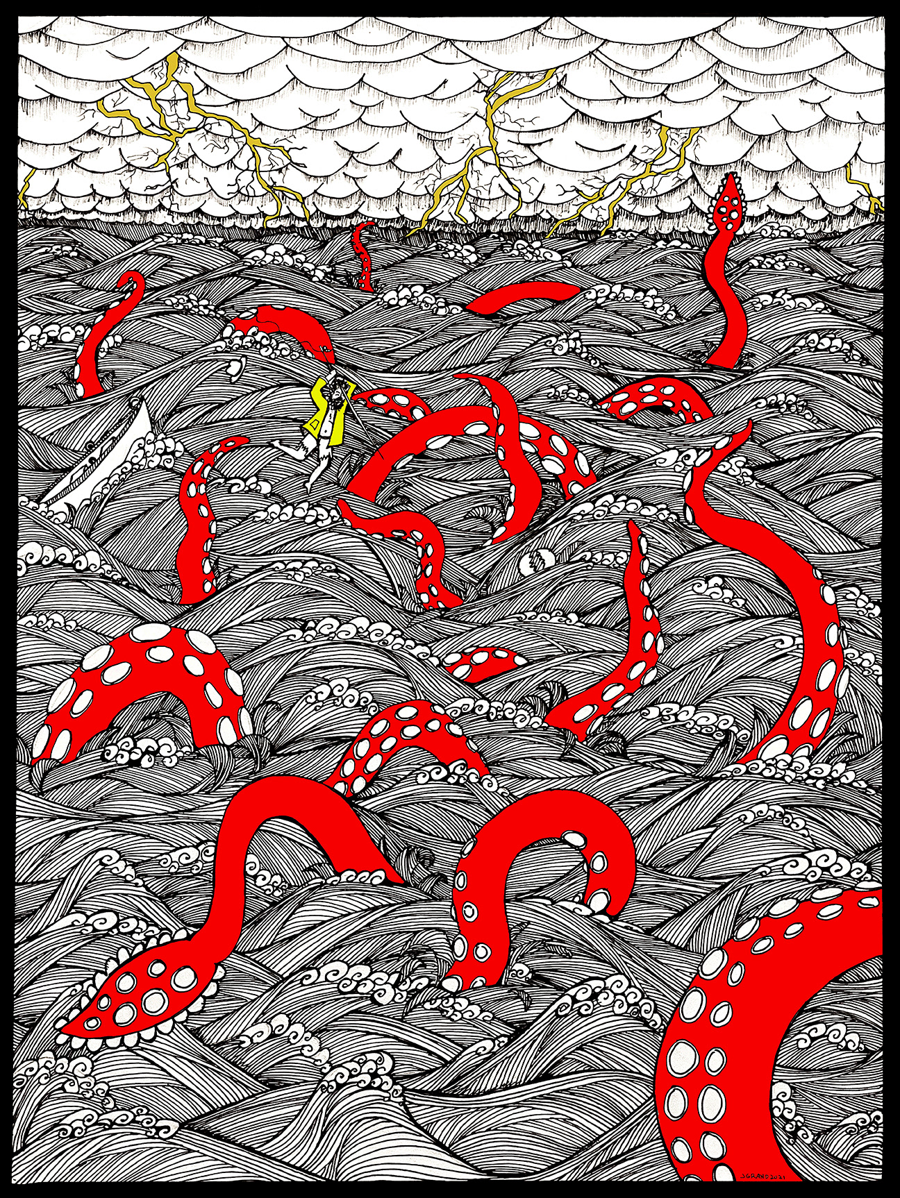 The Kraken- 2022- 18x24", Sharpie Pen and Watercolor on Paper