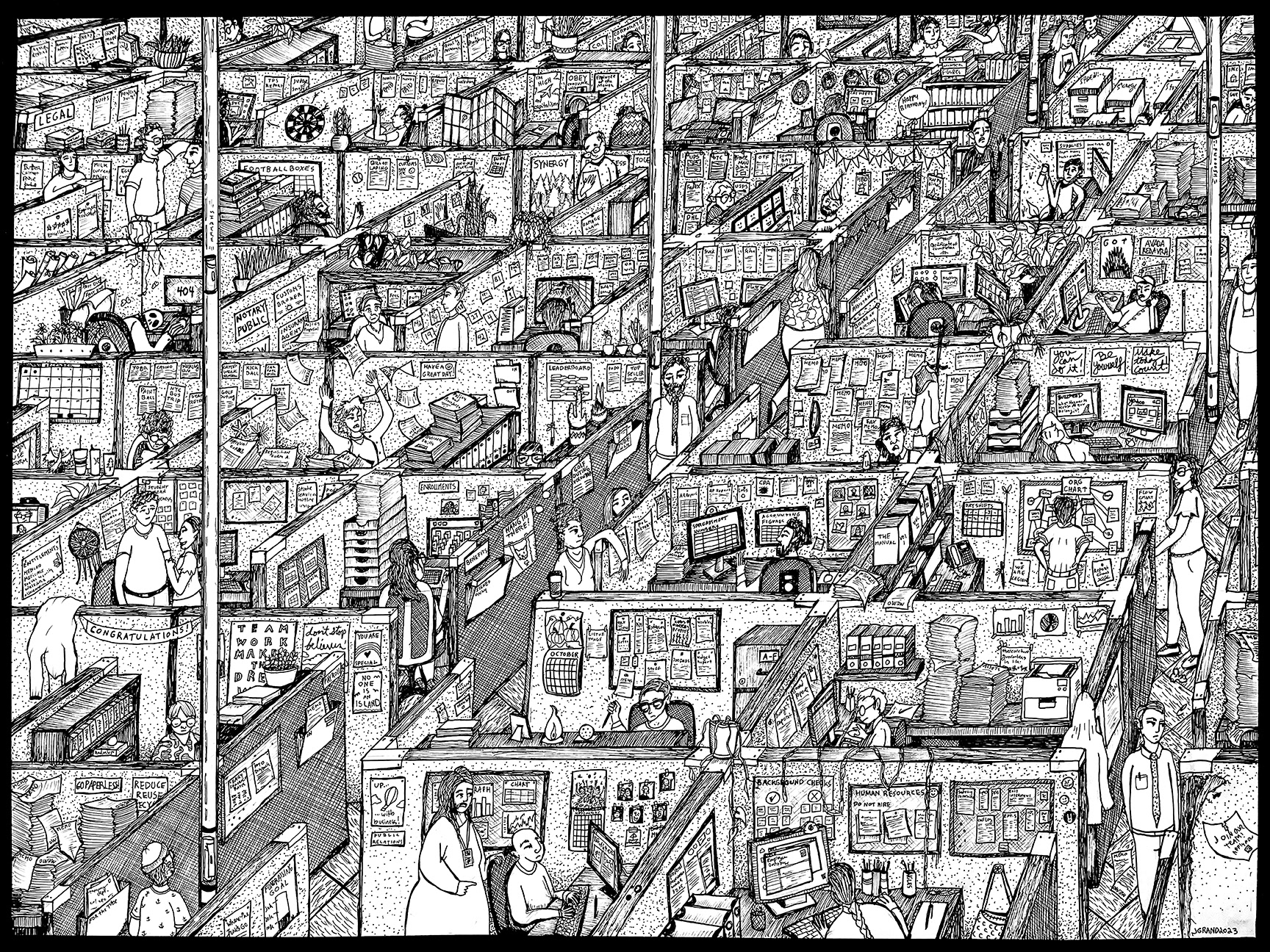 Cubicles- 2023, 18x24", Sharpie Pen on Paper