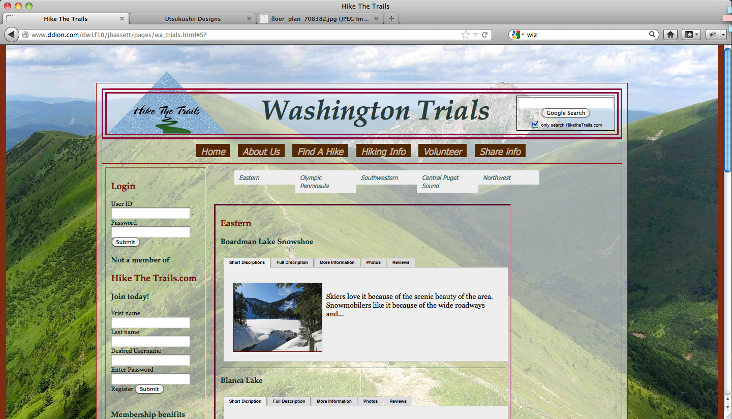 Home page with tabbed tour descriptions.