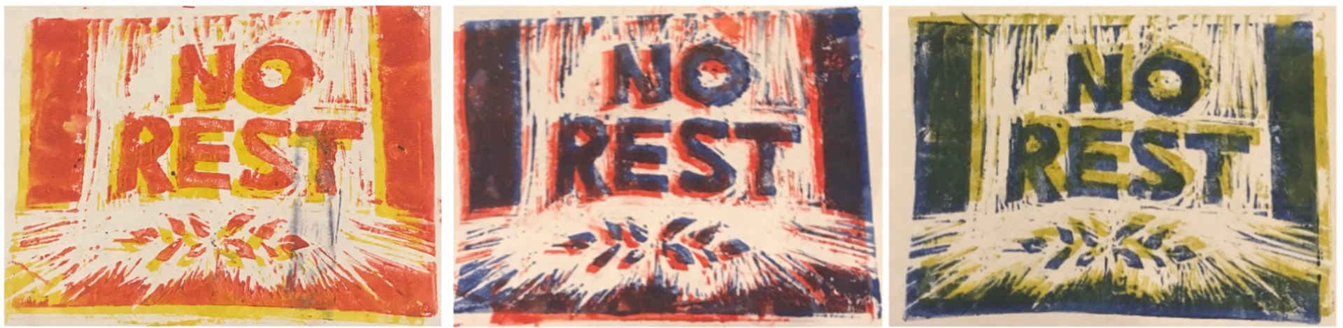 'N O R E S T' Linoleum block print