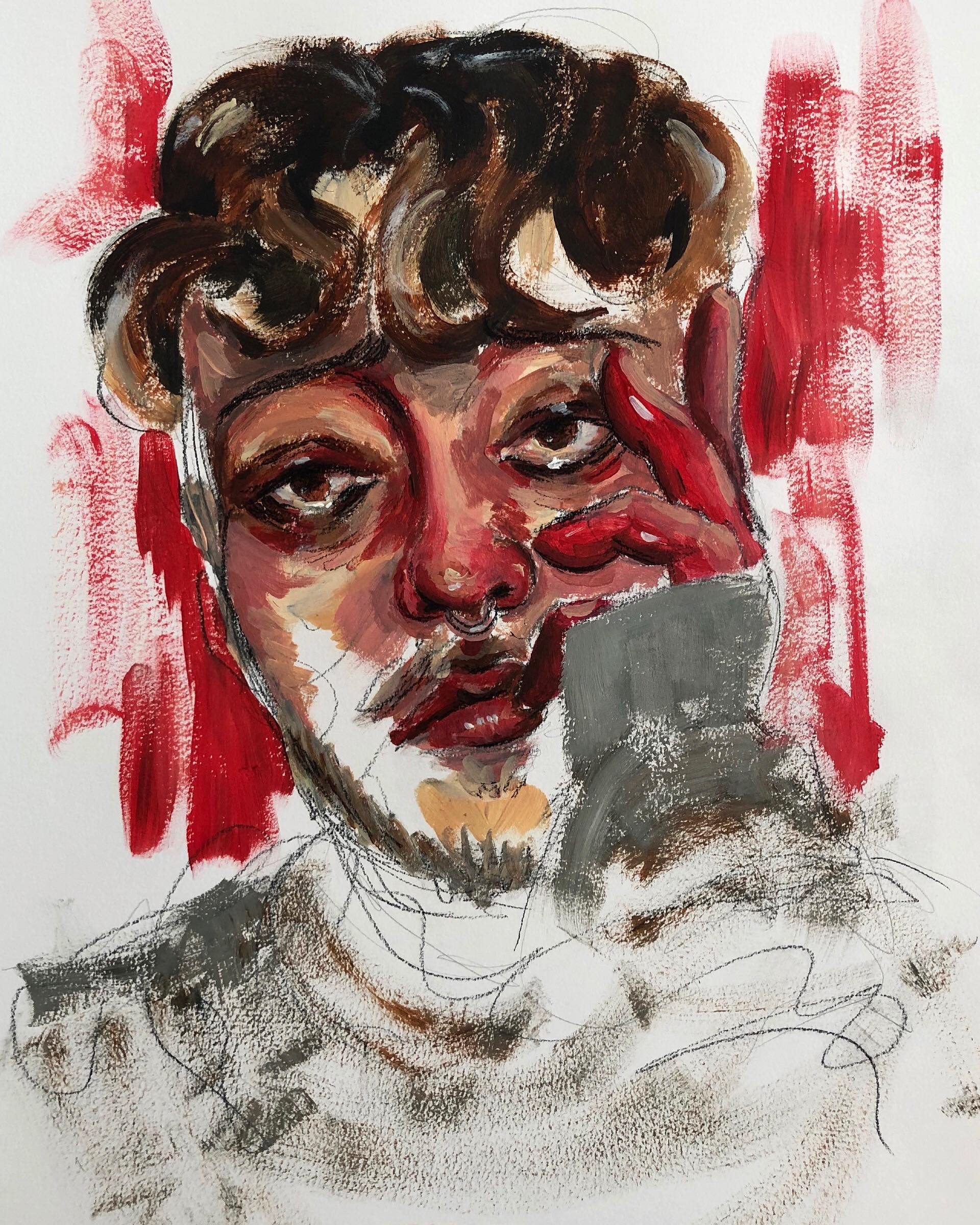 'Portrait of Dean' (Red) acrylic drybrush, charcoal