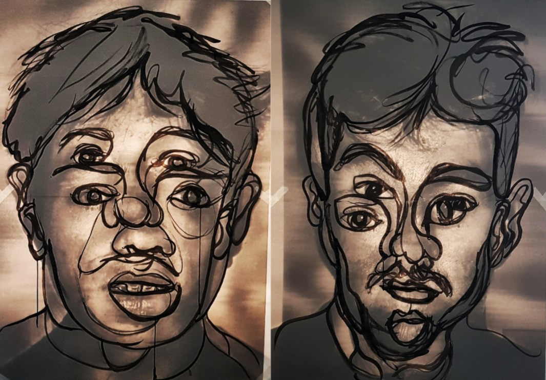 'Portraits' 2021 A0 Indian Ink on canvas over distorted projected image