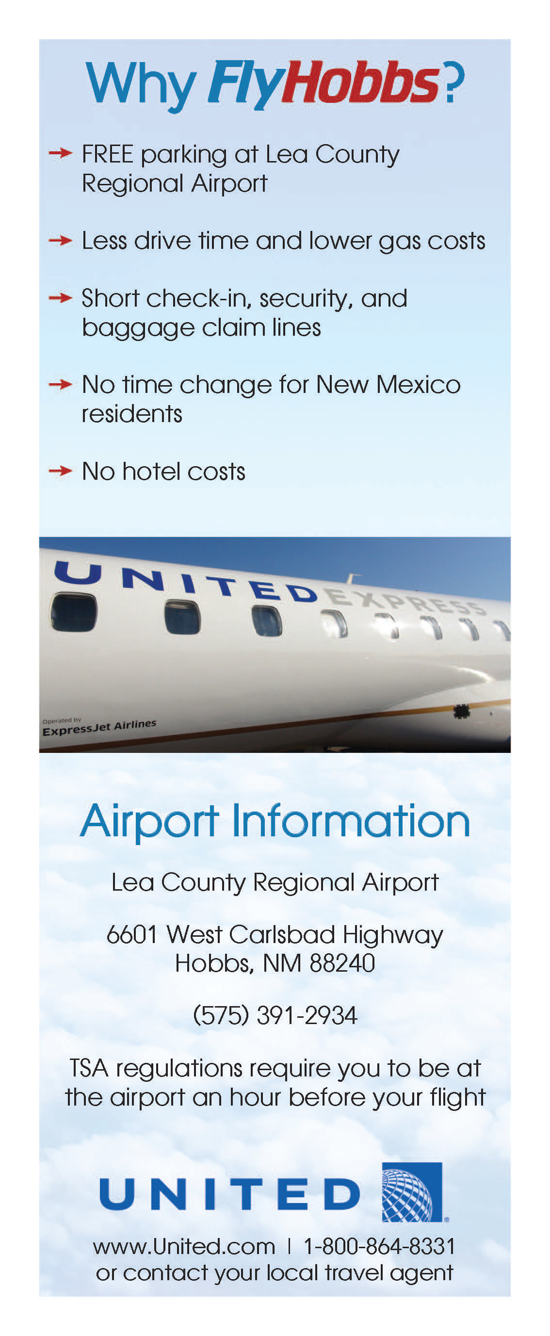 Rack Card for FlyHobbs. Also done in Spanish. Side 2. Created in Adobe InDesign. 2018