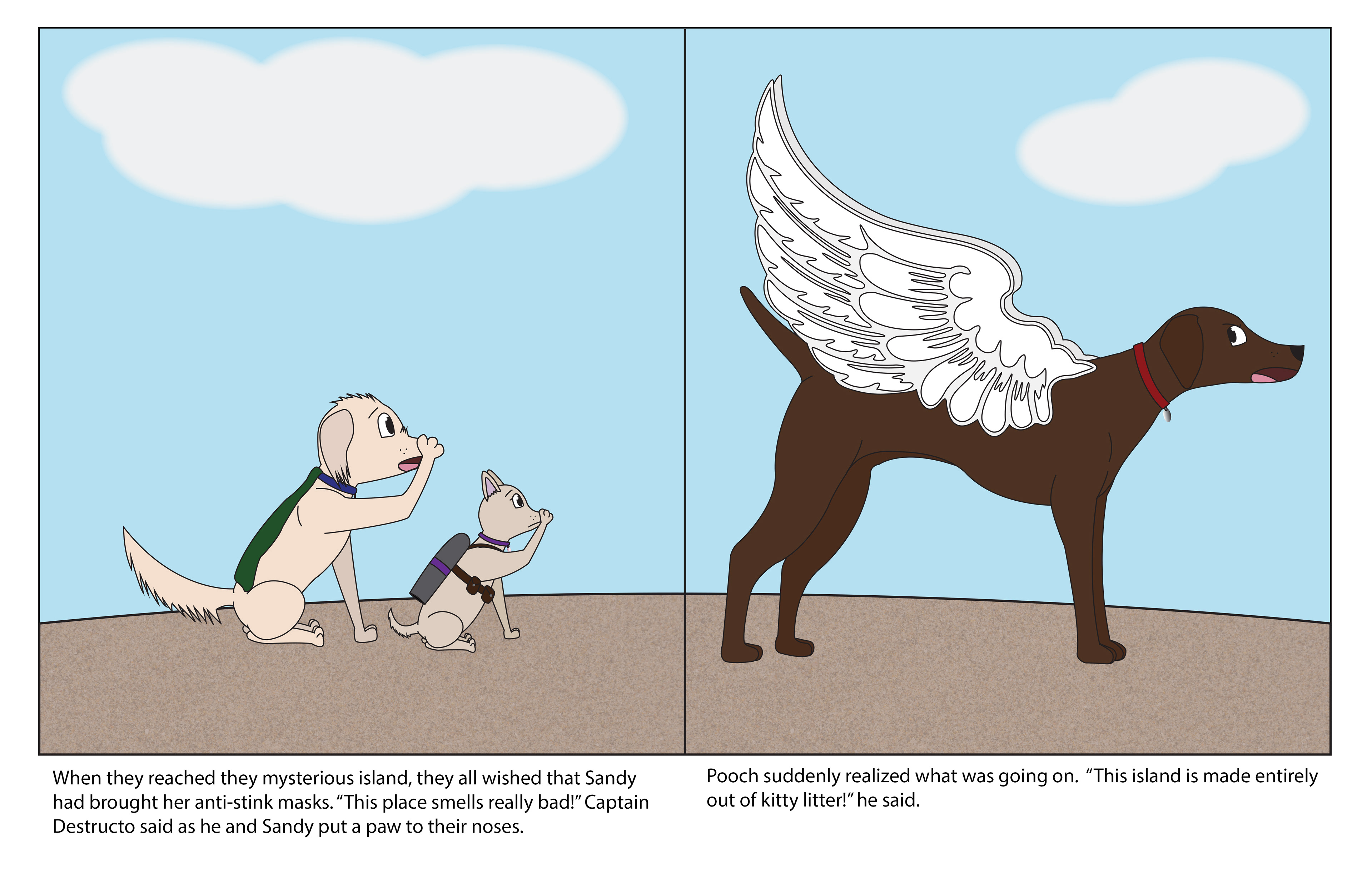 Inside spread from "The Adventures of Pooch: The Kitty Litter Caper" Created in Adobe Illustrator. 2014