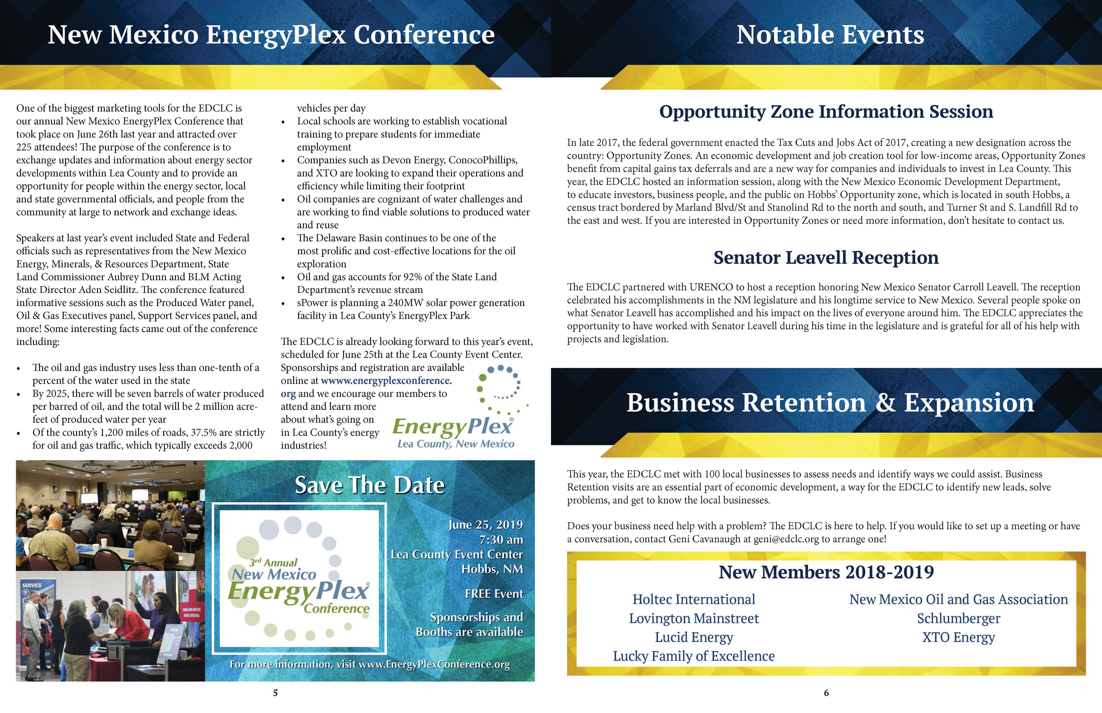 Printed Annual Report Booklet two page spread for the Economic Development Corporation of Lea County. Created in Adobe InDesign. 2019