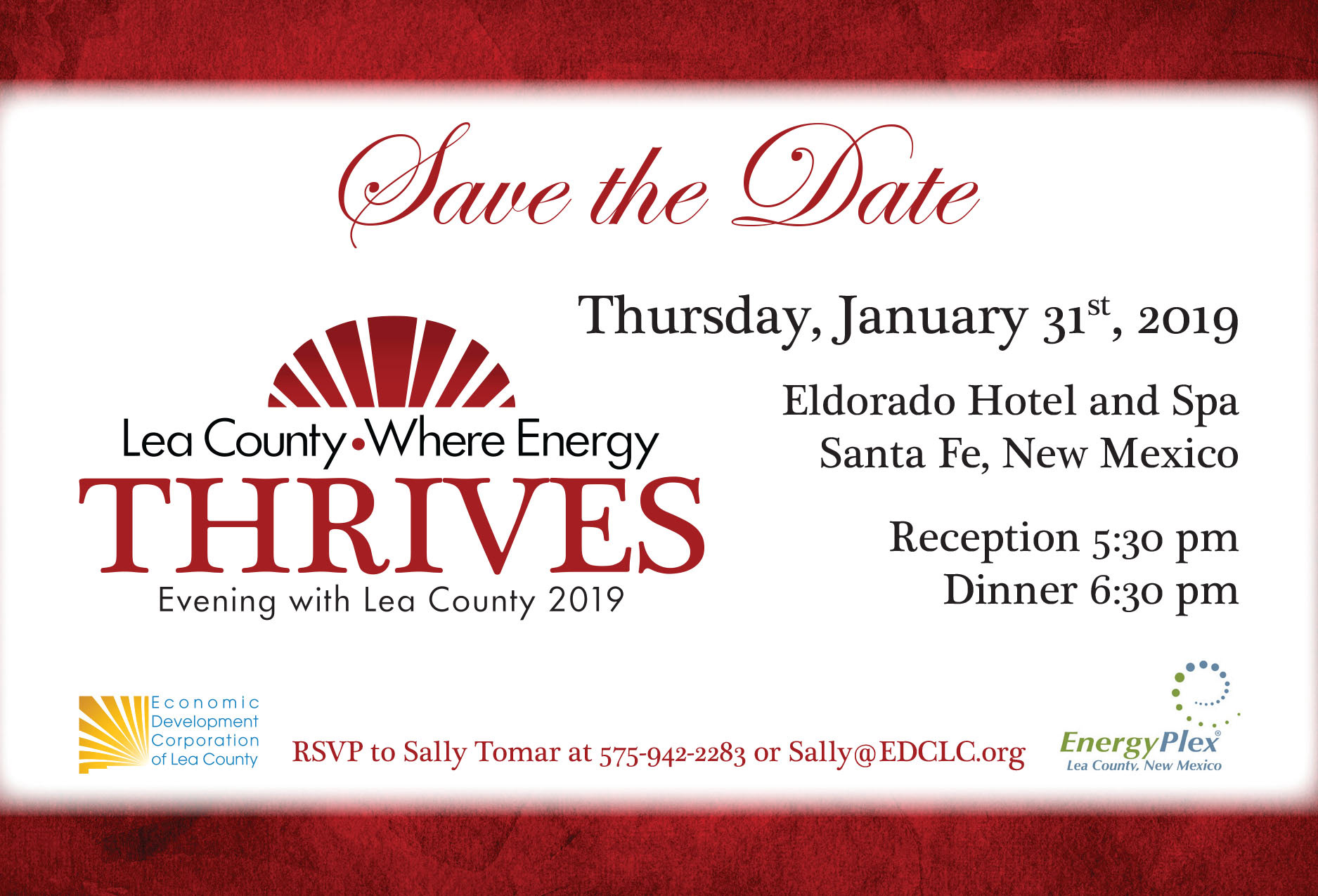 Save The Date Card for the Economic Development Corporation of Lea County's "Evening with Lea County" Legislative Event. Side 1. Created in Adobe InDesign. 2018