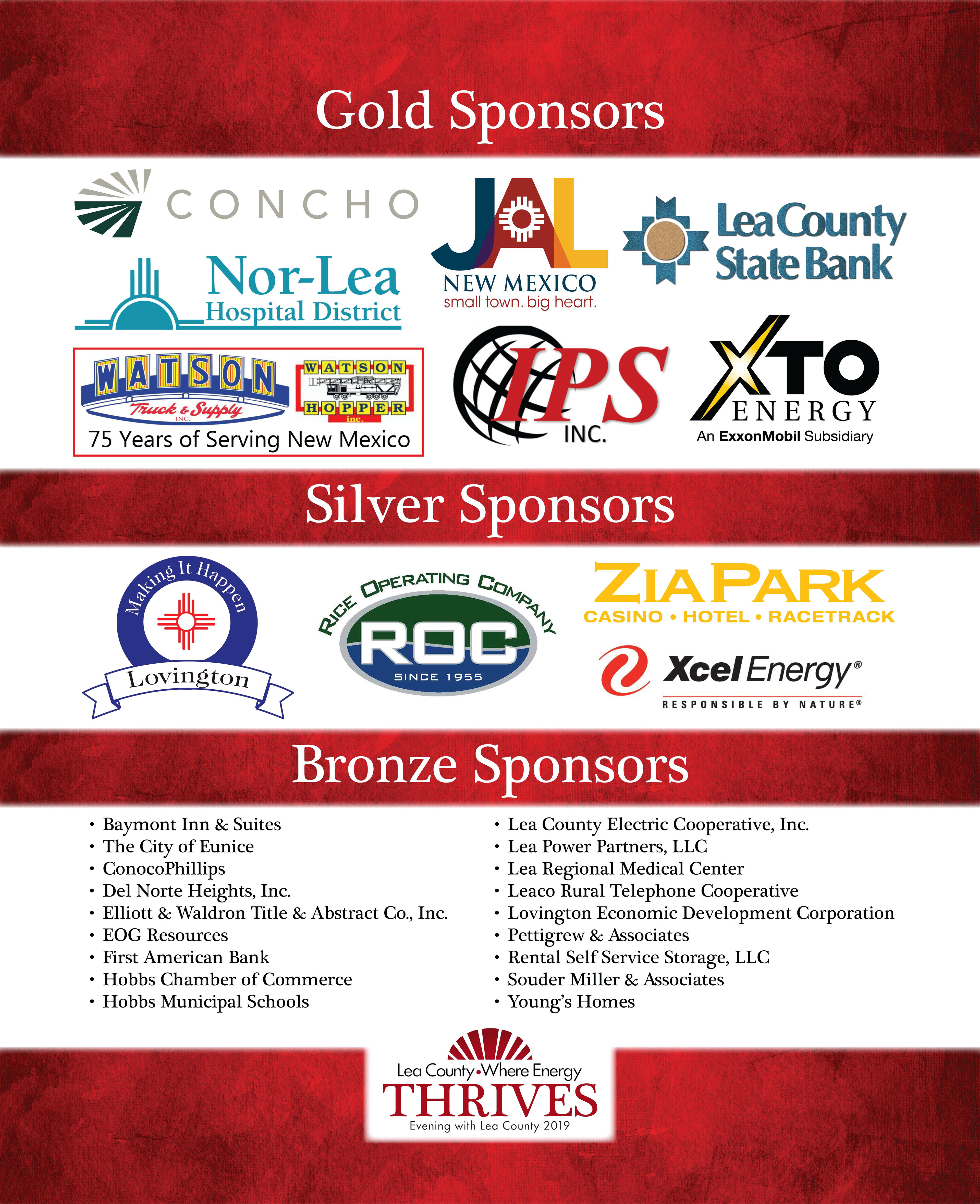 Sponsor Poster for the Economic Development Corporation of Lea County's "Evening with Lea County" Legislative Event. Created in Adobe InDesign. 2018