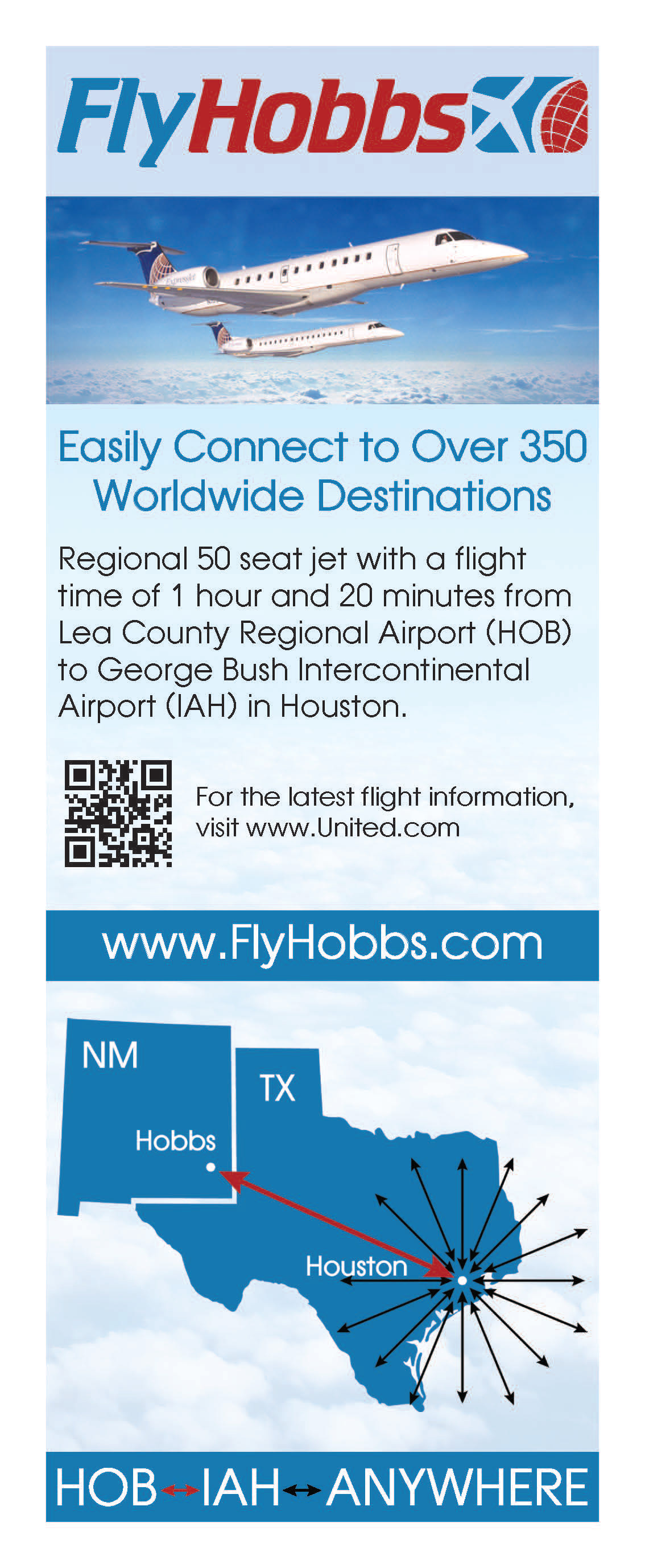 Rack Card for FlyHobbs. Also done in Spanish. Side 1. Created in Adobe InDesign. 2018