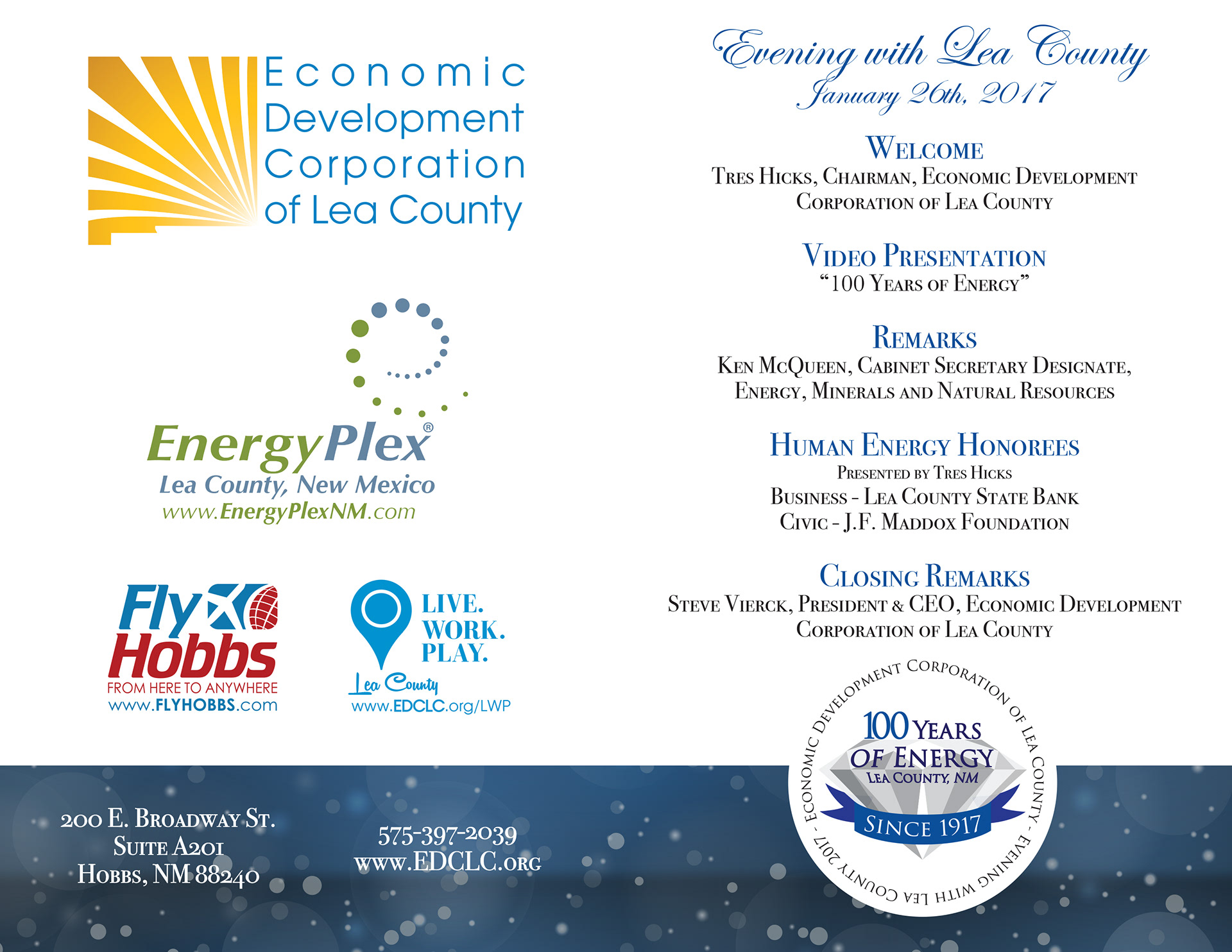 Printed single fold Program (back on left, front of right) for the Economic Development Corporation of Lea County's "Evening with Lea County" Legislative Event. Created in Adobe InDesign. 2017