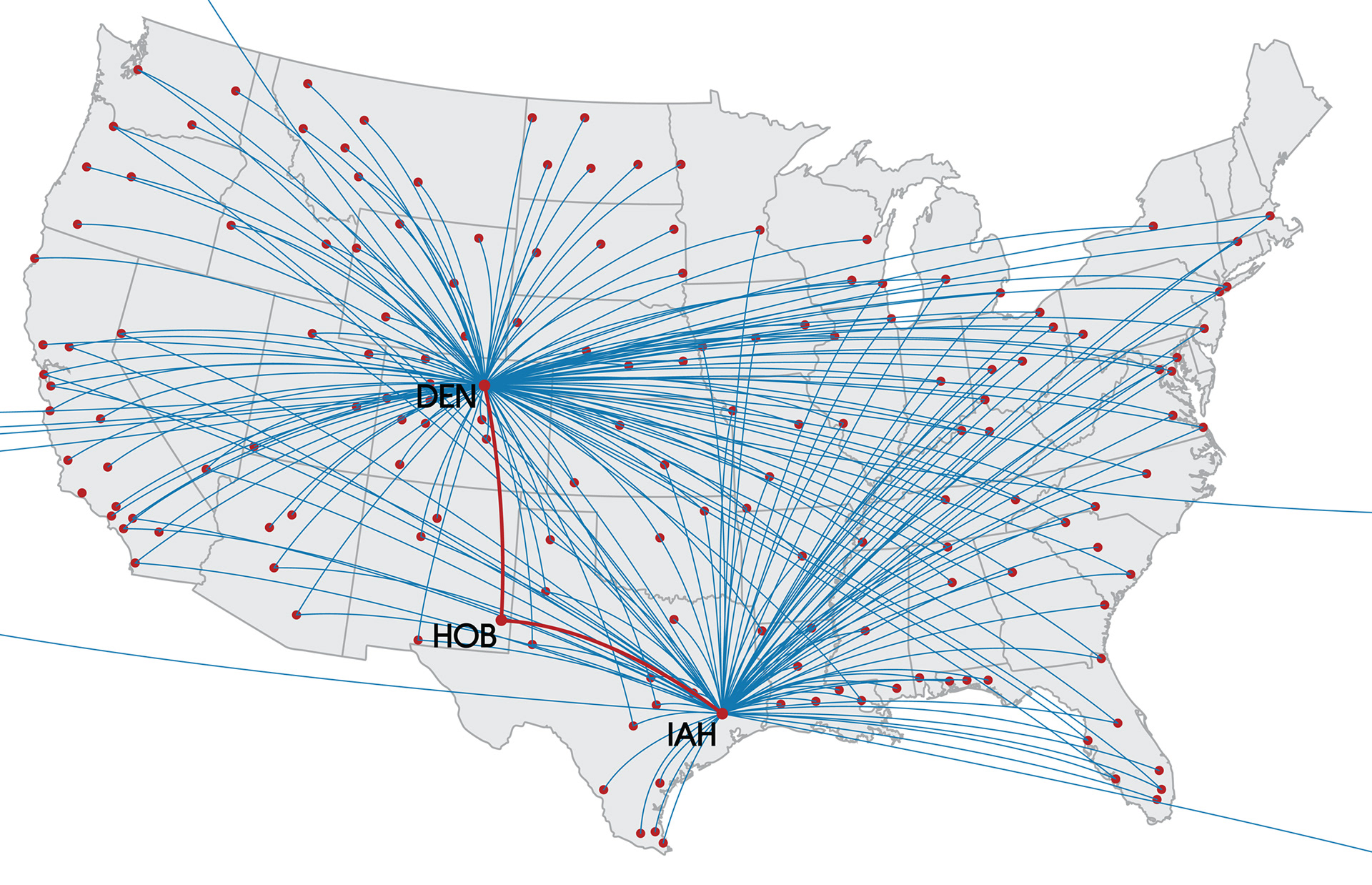Spider Web map of United flights from Hobbs to Denver and Houston for the Economic Development Corporation of Lea County. Created in Adobe Illustrator. 2019