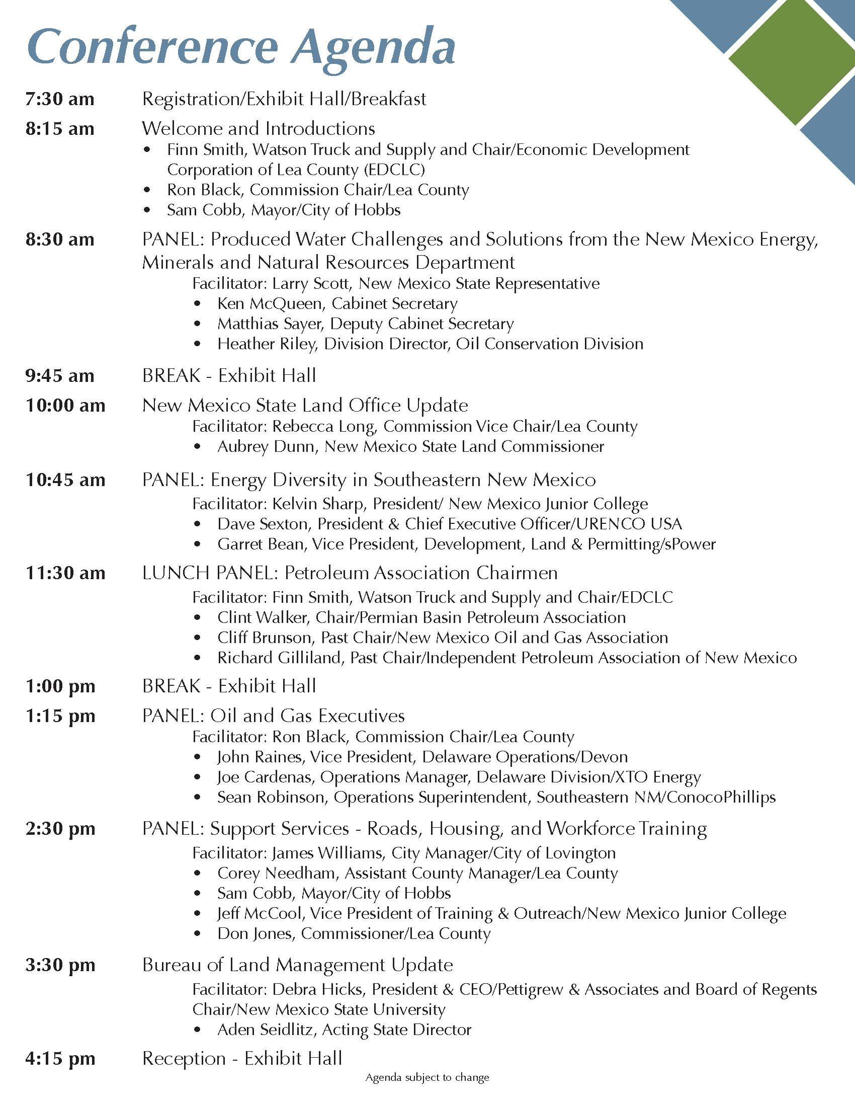 Printed Program Bookelt Agenda Page for the New Mexico EnergyPlex Conference. Hosted by the Economic Development Corporation of Lea County. Created in Adobe InDesign. 2018