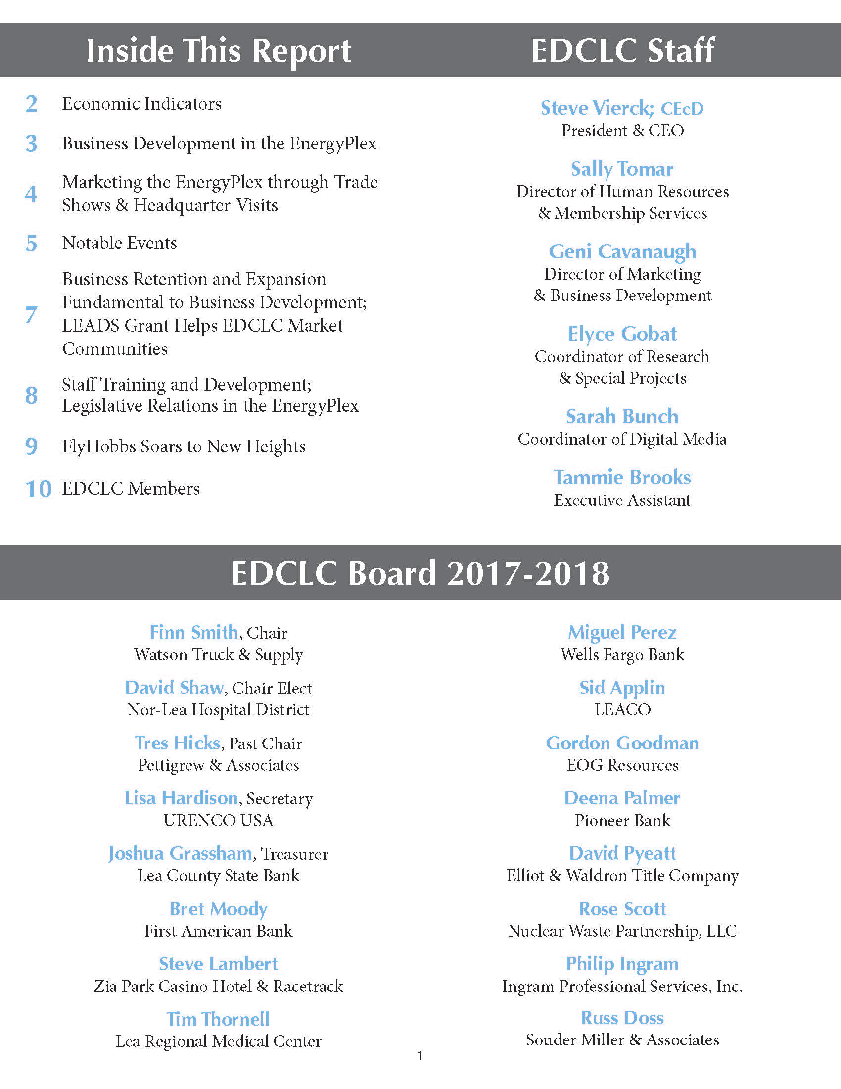 Printed Annual Report Booklet Index Page for the Economic Development Corporation of Lea County. Created in Adobe InDesign. 2018