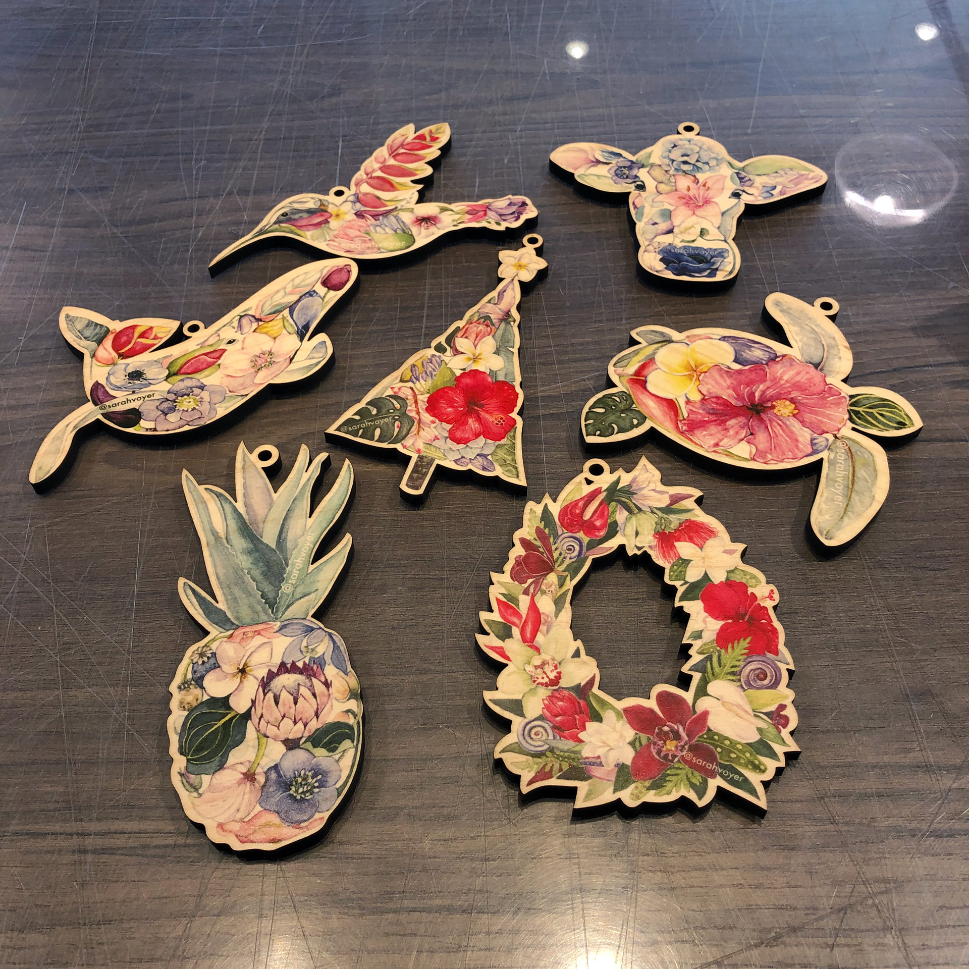 Wooden Ornament Finals - Art by Sarah Voyer