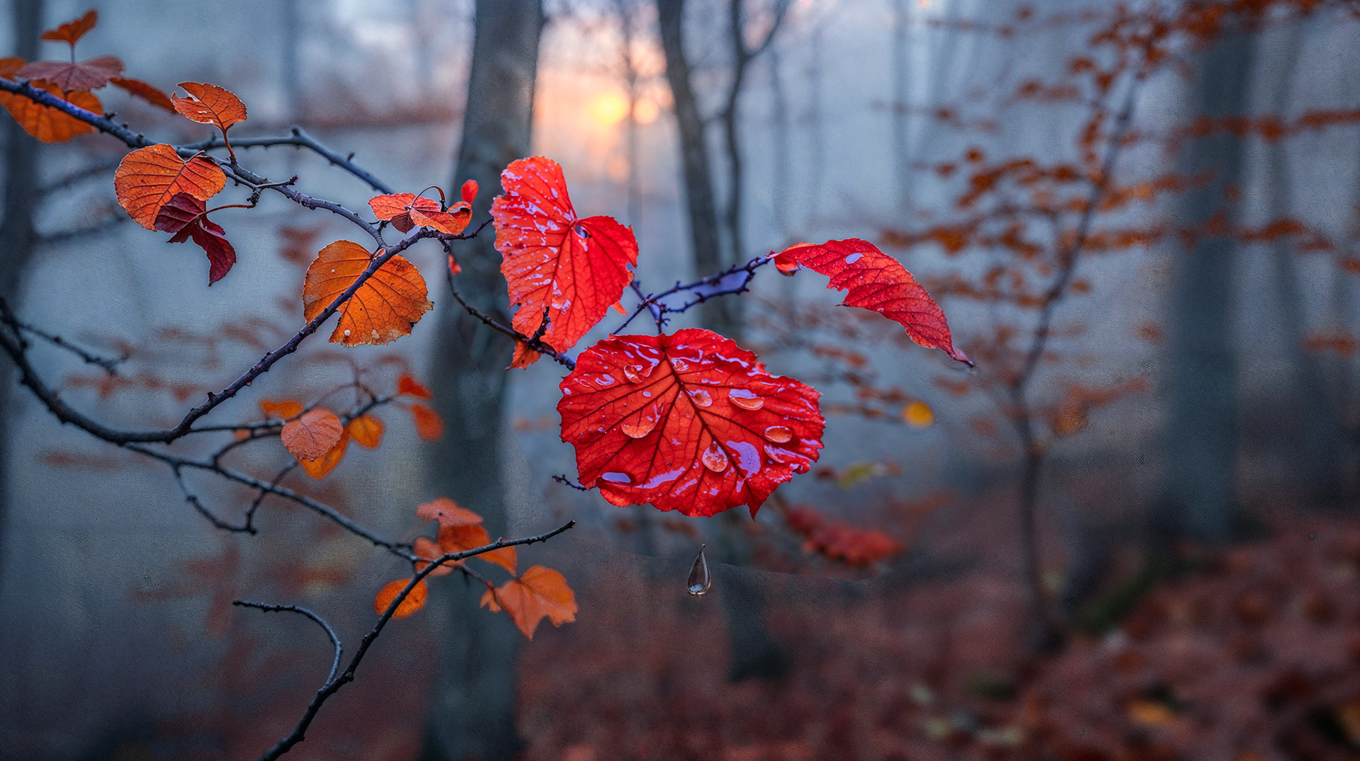 Red leaves with dew
