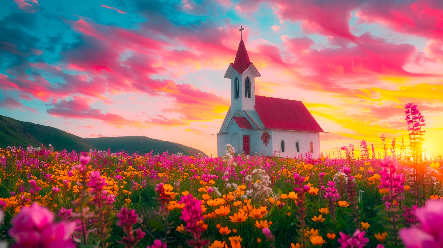 Flowers around church