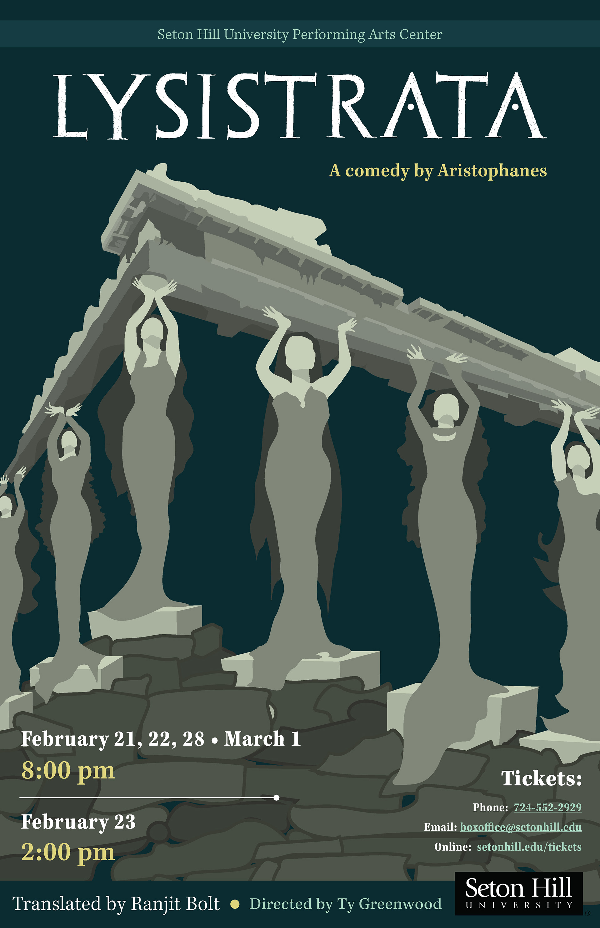 Poster design for Seton Hill University's Spring 2025 theatre production, "Lysistrata". Completed during my internship with the department.