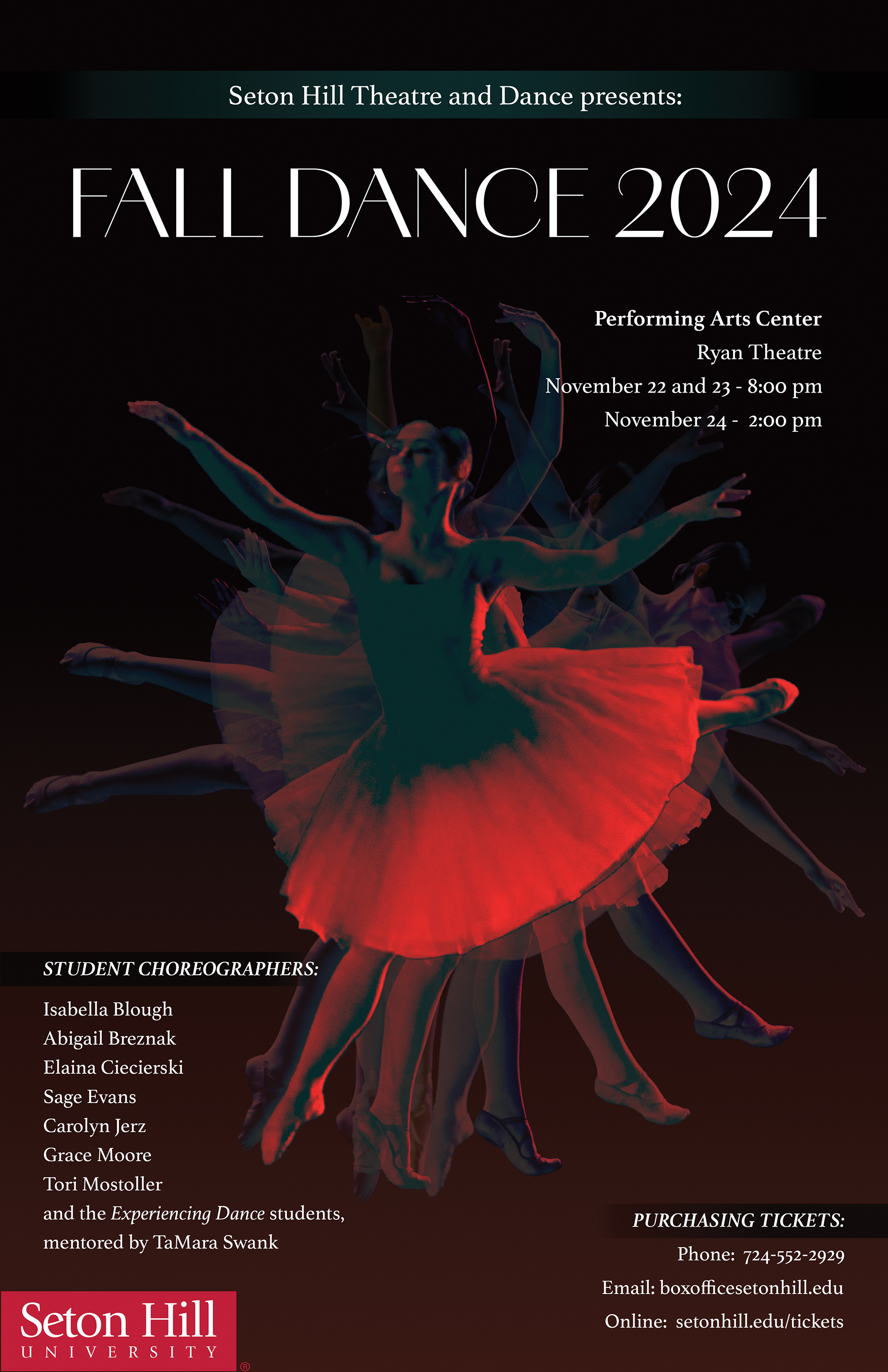 Poster for Seton Hill UNiversity's 2024 Fall Dance production. Completed during my internship with the department.