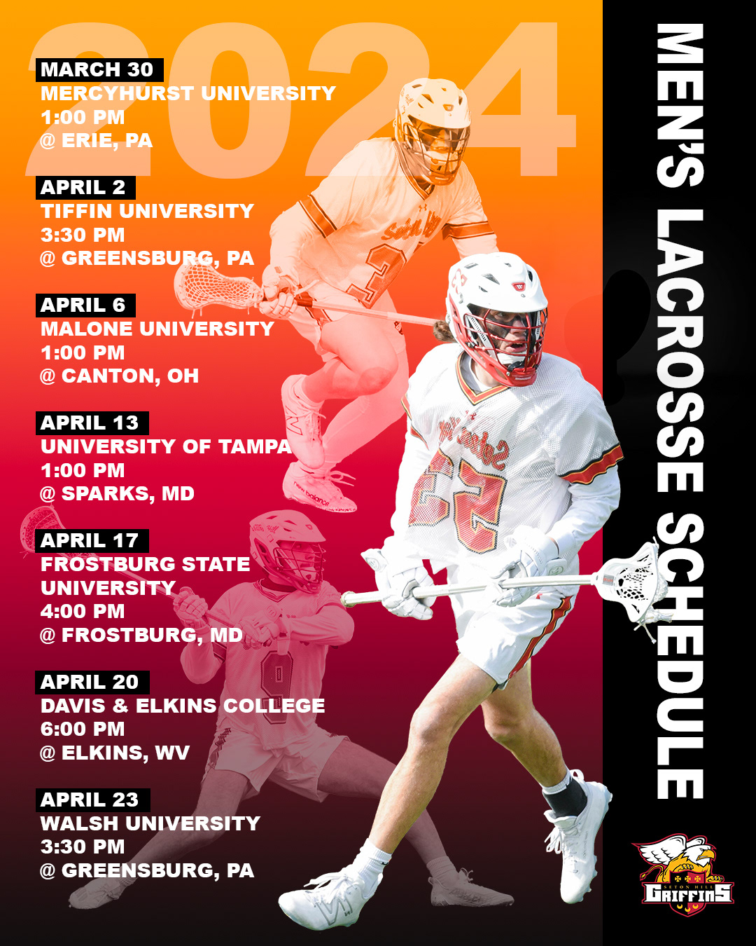 Schedule graphic for Seton Hill University Men's Lacrosse 2024 Season. Completed during my work study.