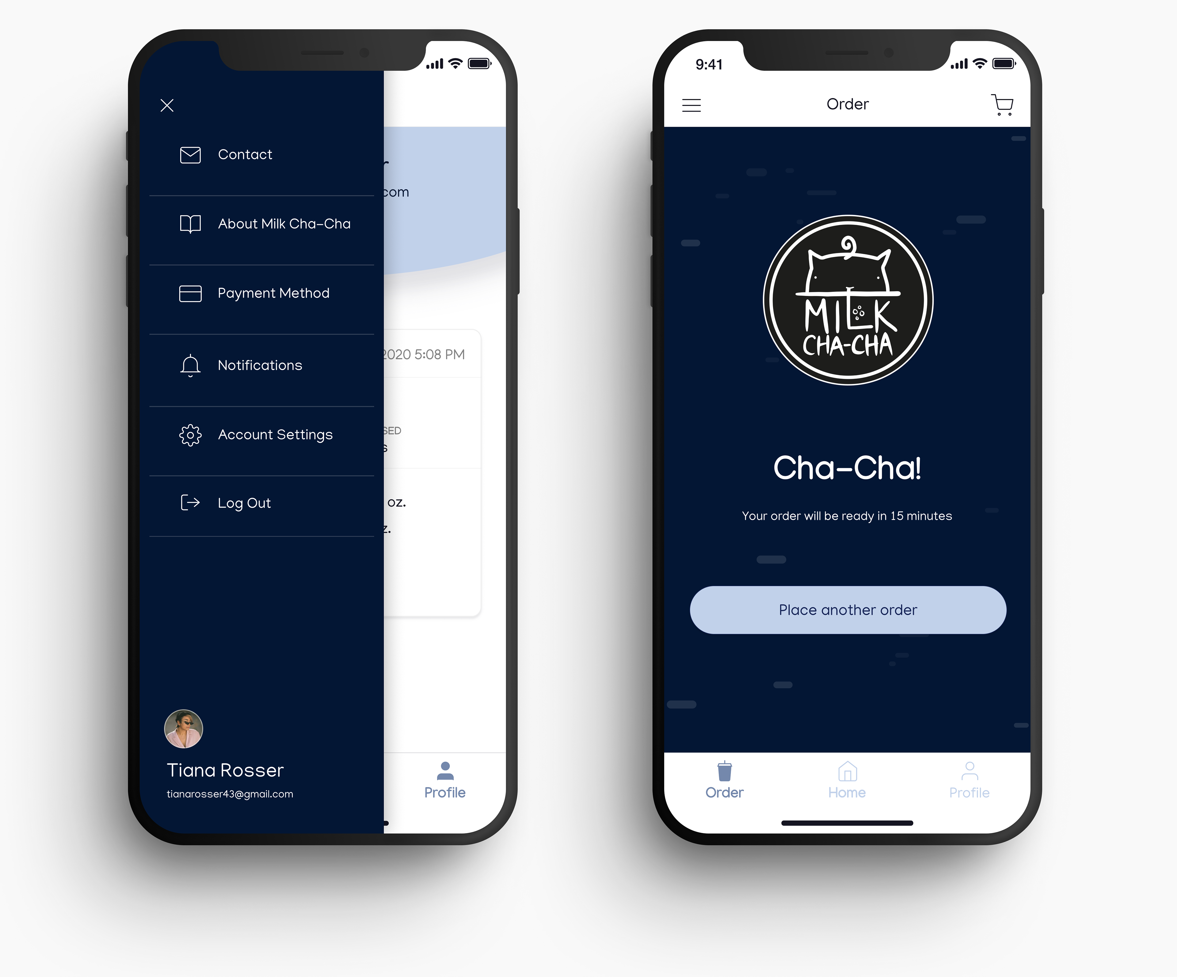 Graphic of 2 mock iPhones of the Menu and Ordered page of the Milk-Cha-Cha app