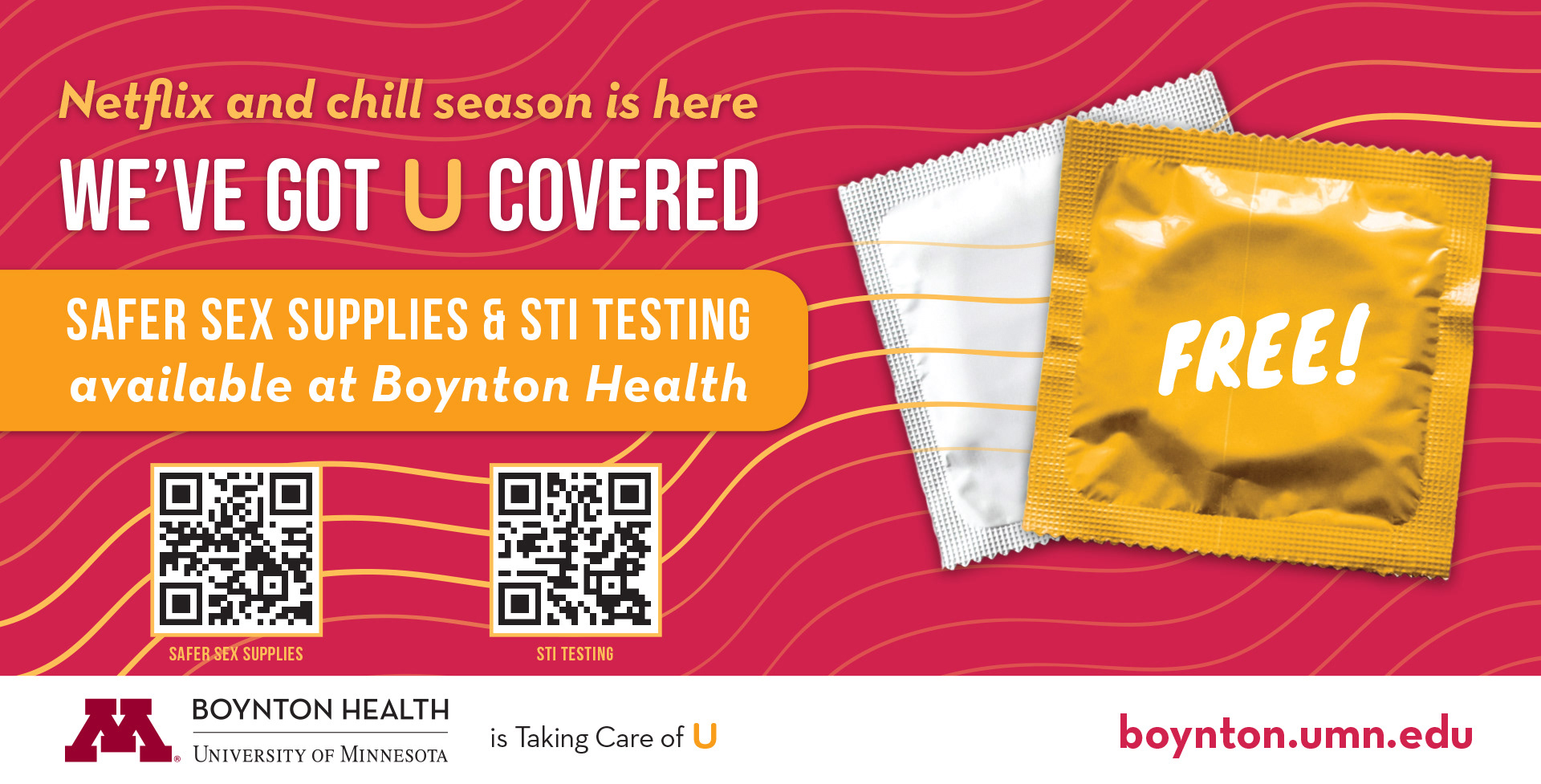 An advertisement for safer sex supplies and STI testing, with two large condoms and the caption reading "Netflix and chill season is here, we've got you covered"