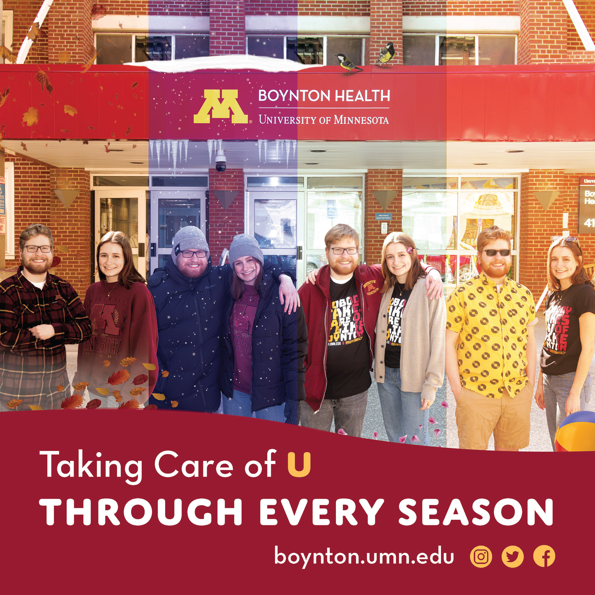 Two students stand in front of Boynton Health in a collage showing all four seasons. The caption reads "Taking Care of U Through Every Season"